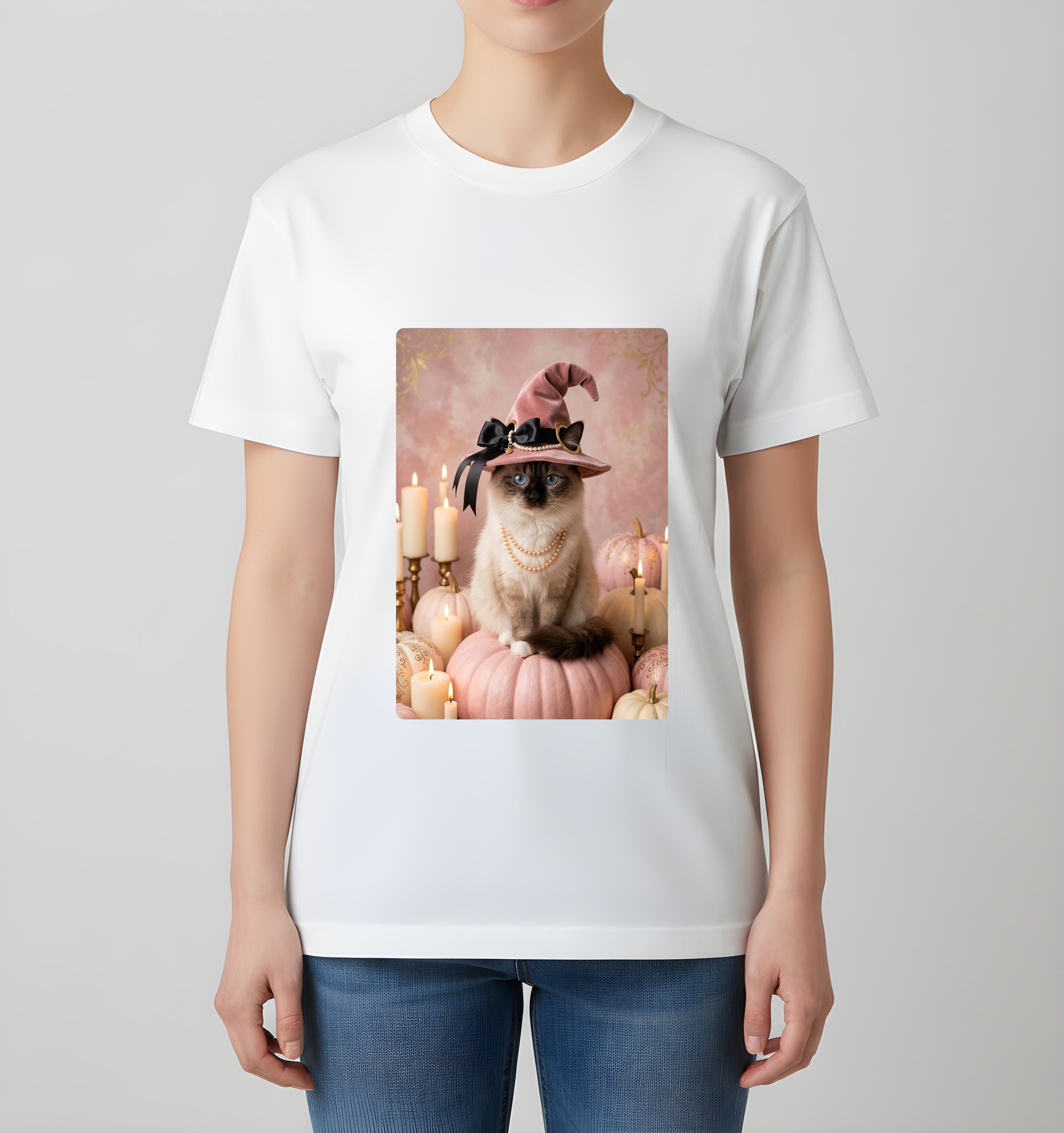 バーマンのかぼちゃとキャンドルの油絵風アートハロウィンTシャツ(ホワイト)(4枚目)