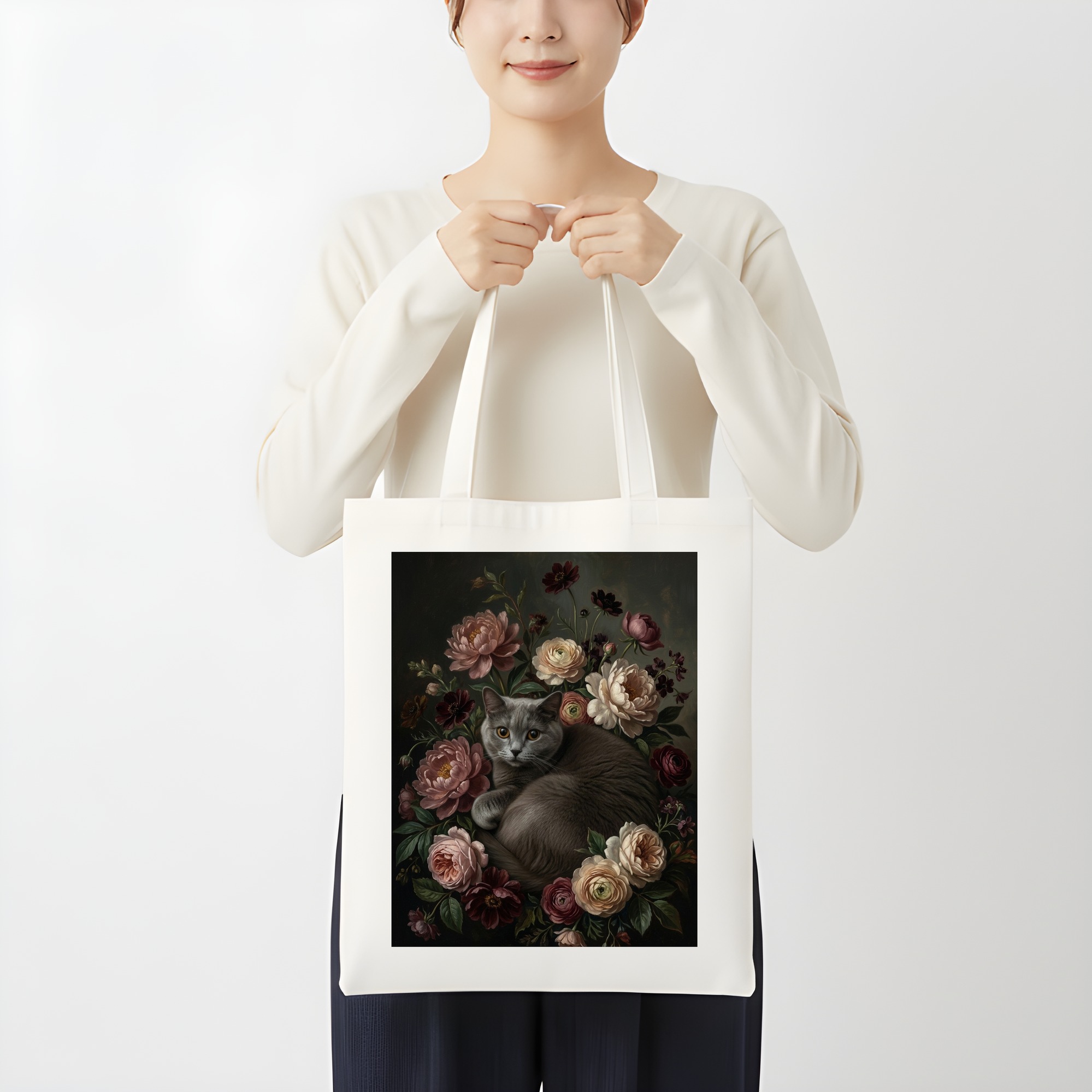 ブリティッシュショートヘアの花の油絵風アート花柄トートバッグ（3枚目）