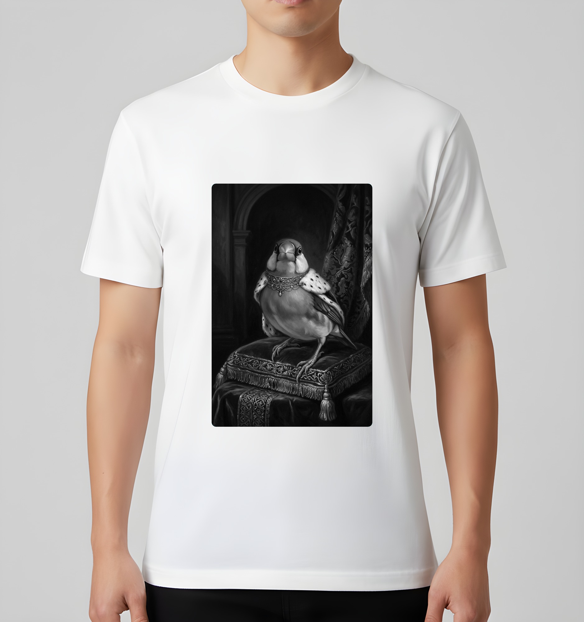 文鳥・ブンチョウのルネサンス肖像画Tシャツ（ホワイト・モノクロプリント・額縁なし）（3枚目）