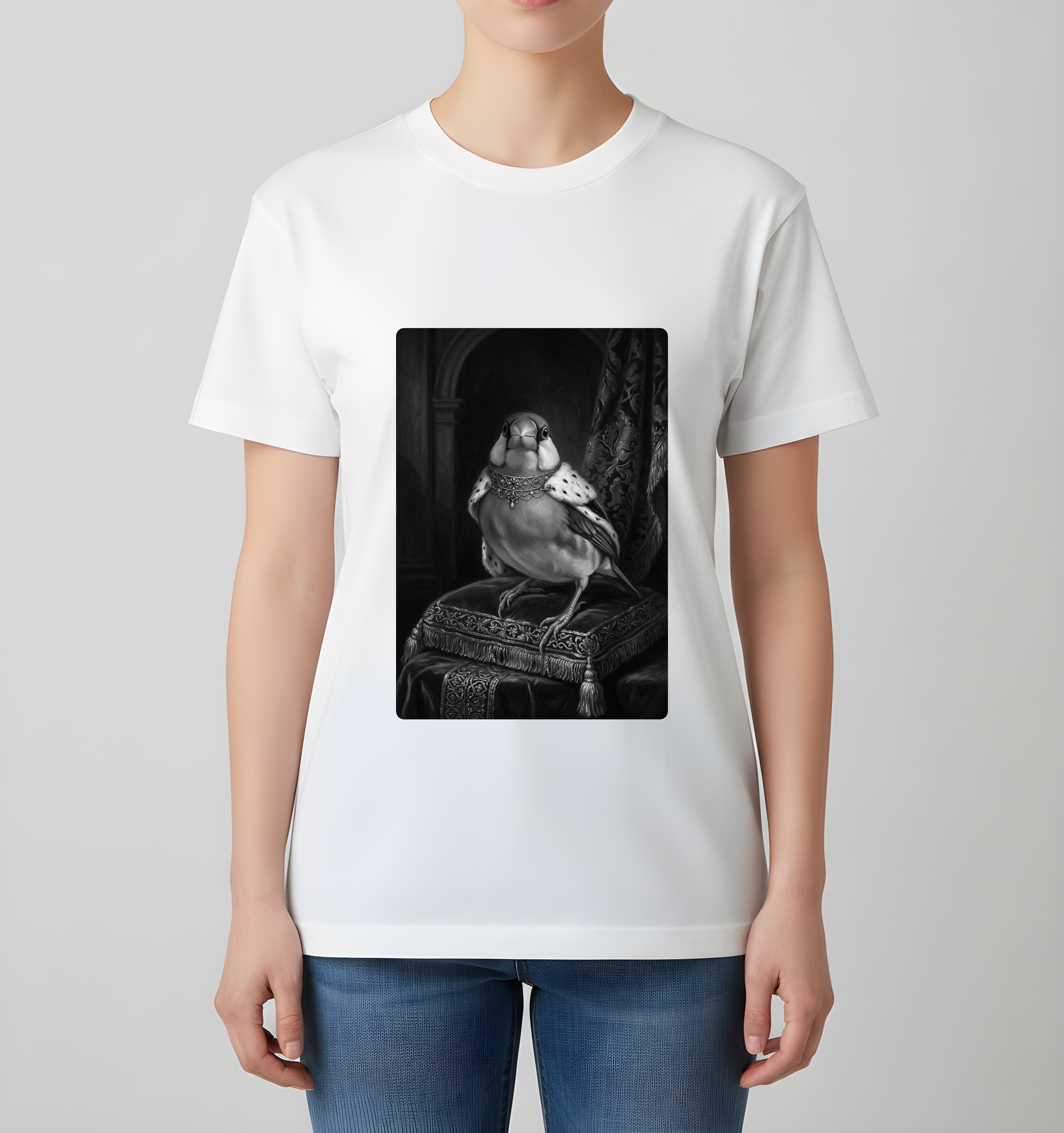 文鳥・ブンチョウのルネサンス肖像画Tシャツ（ホワイト・モノクロプリント・額縁なし）（4枚目）