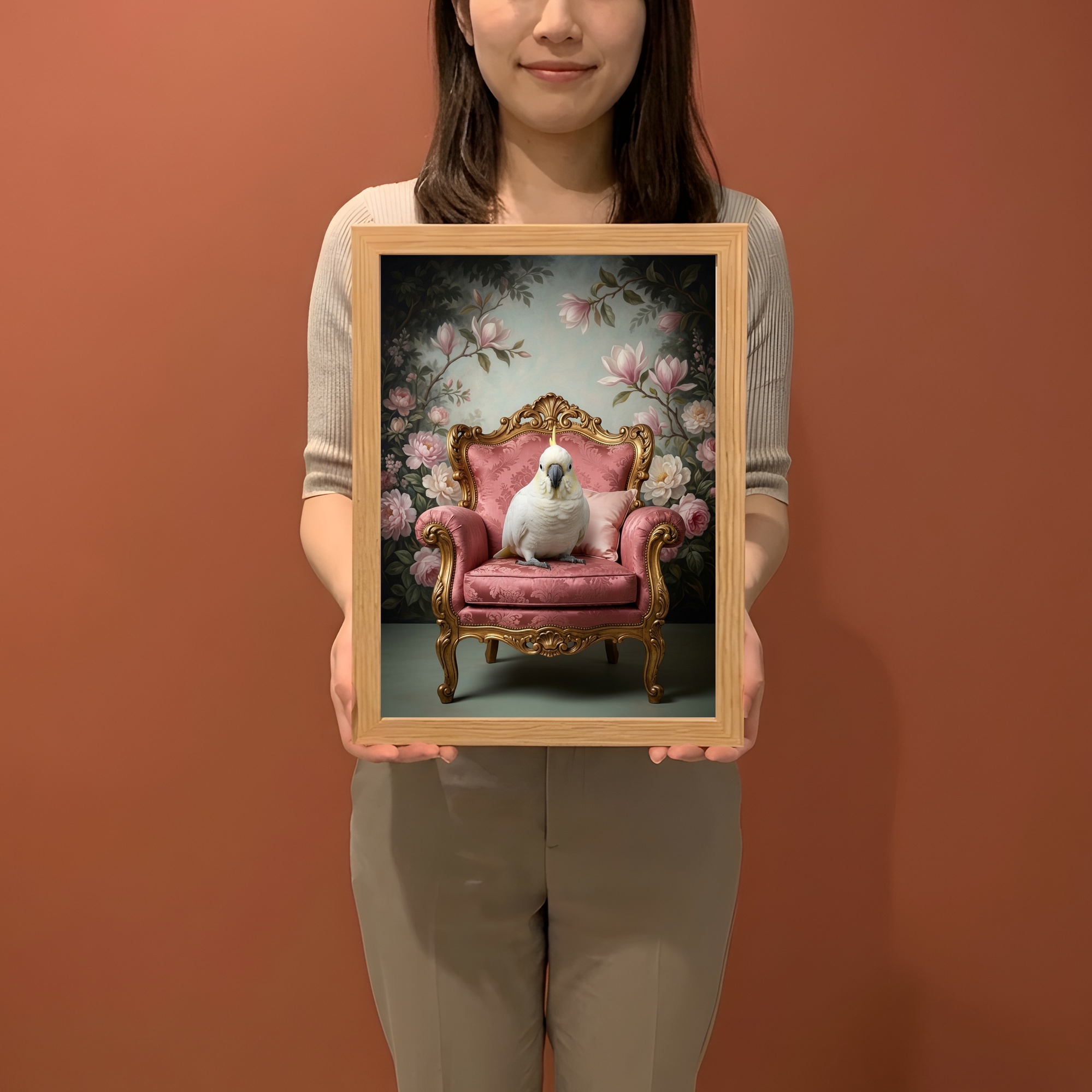 キバタンのシャビーピンクの油絵風アートロココ調額装プリント（A4サイズ）（2枚目）
