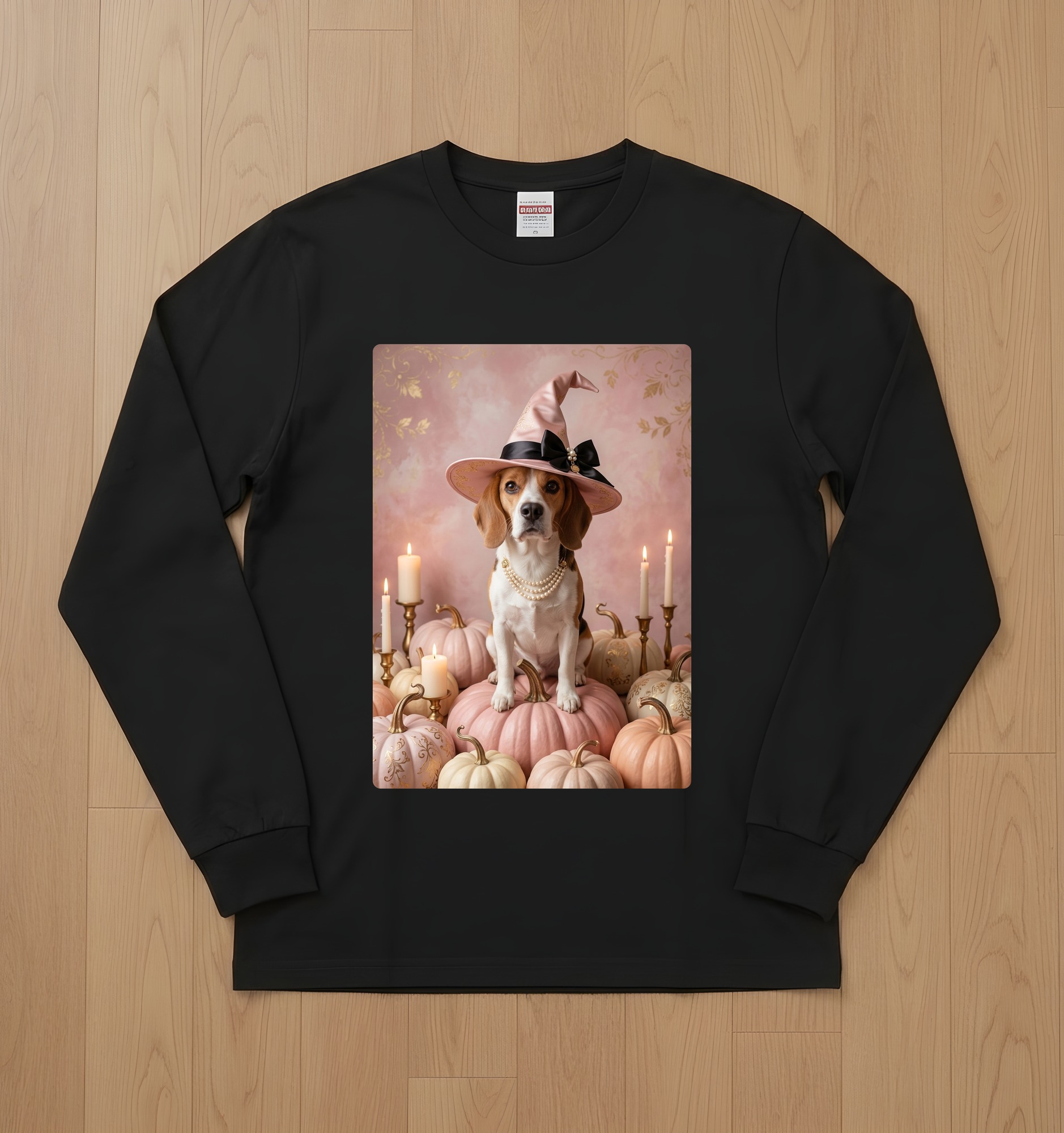 ビーグルのかぼちゃとキャンドルの油絵風アートハロウィン長袖Tシャツ(ブラック)