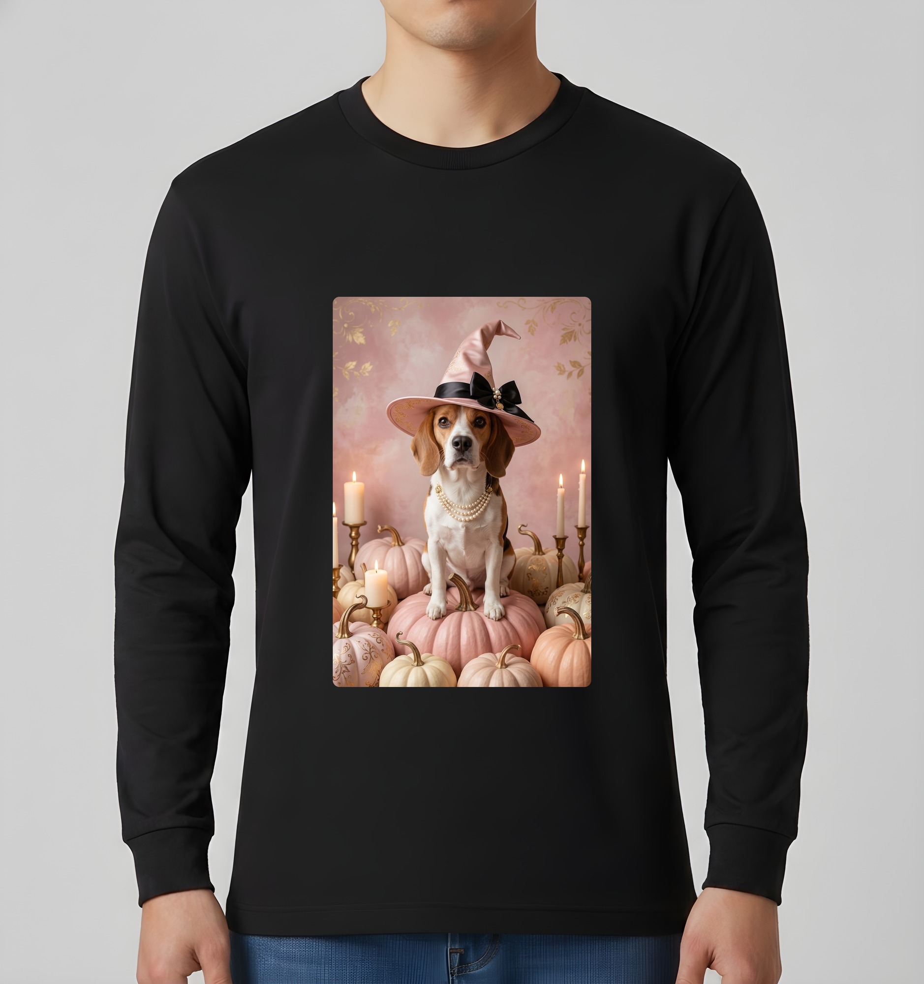 ビーグルのかぼちゃとキャンドルの油絵風アートハロウィン長袖Tシャツ(ブラック)(3枚目)