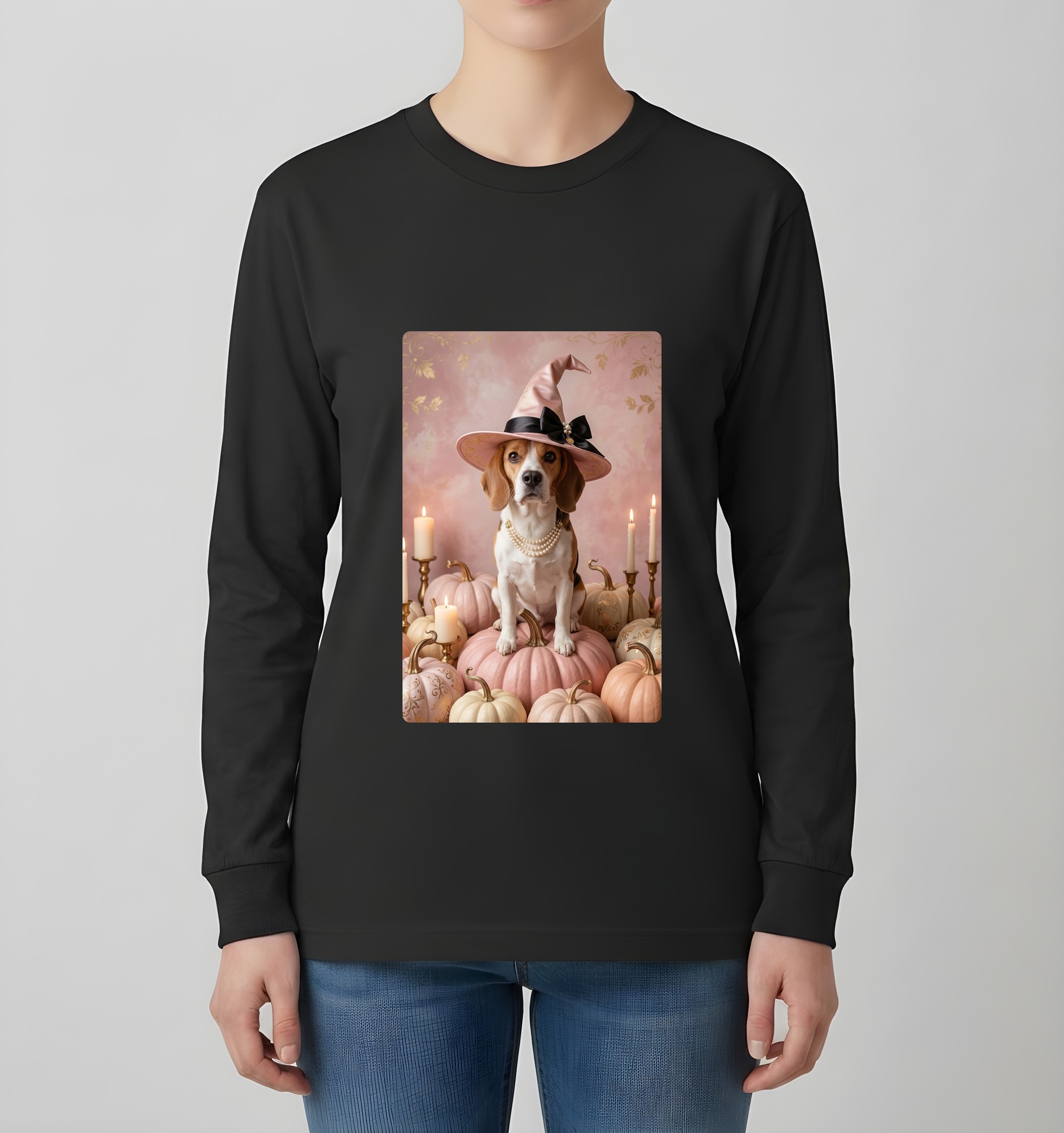 ビーグルのかぼちゃとキャンドルの油絵風アートハロウィン長袖Tシャツ(ブラック)(4枚目)