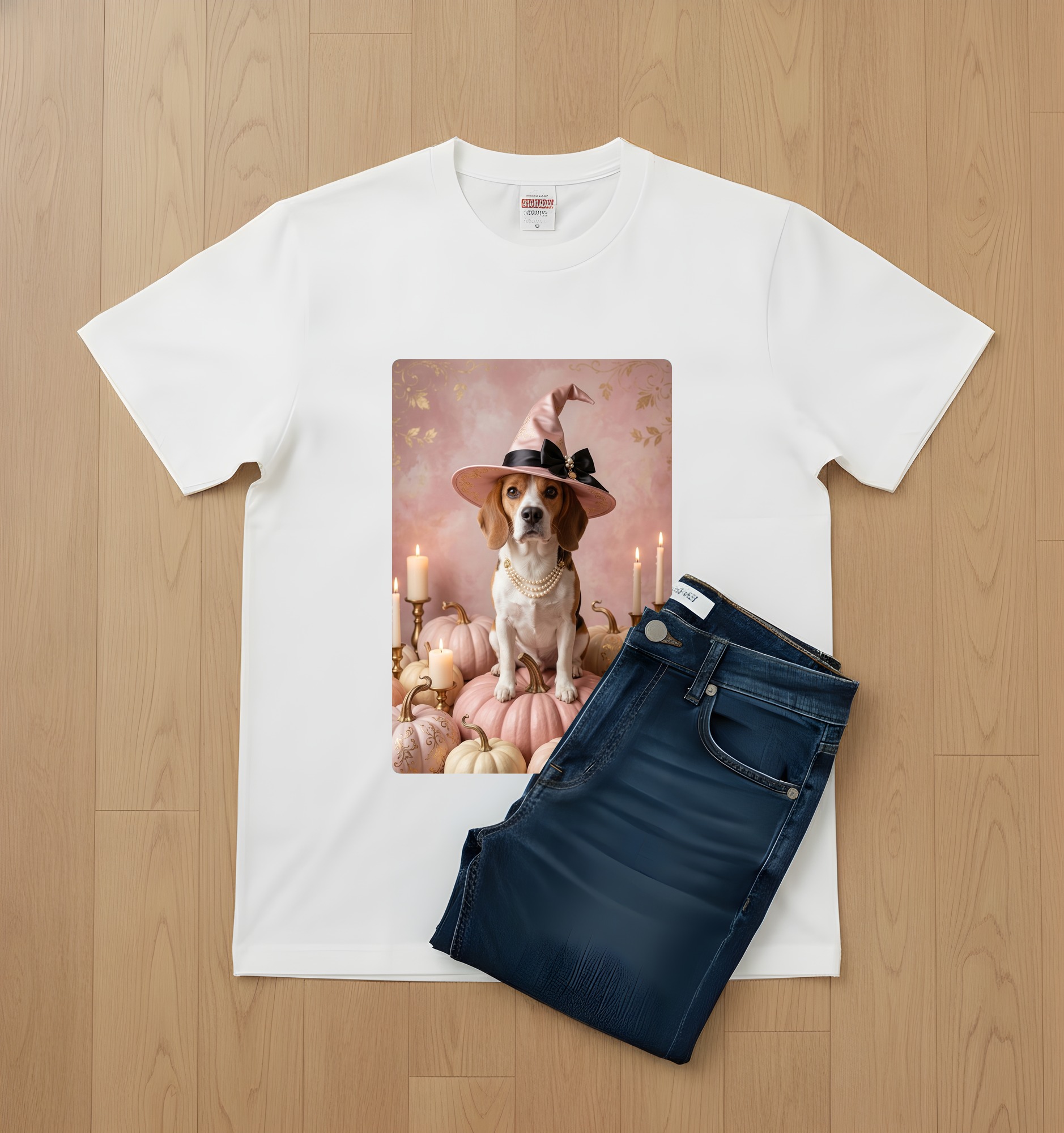 ビーグルのかぼちゃとキャンドルの油絵風アートハロウィンTシャツ（ホワイト）（2枚目）