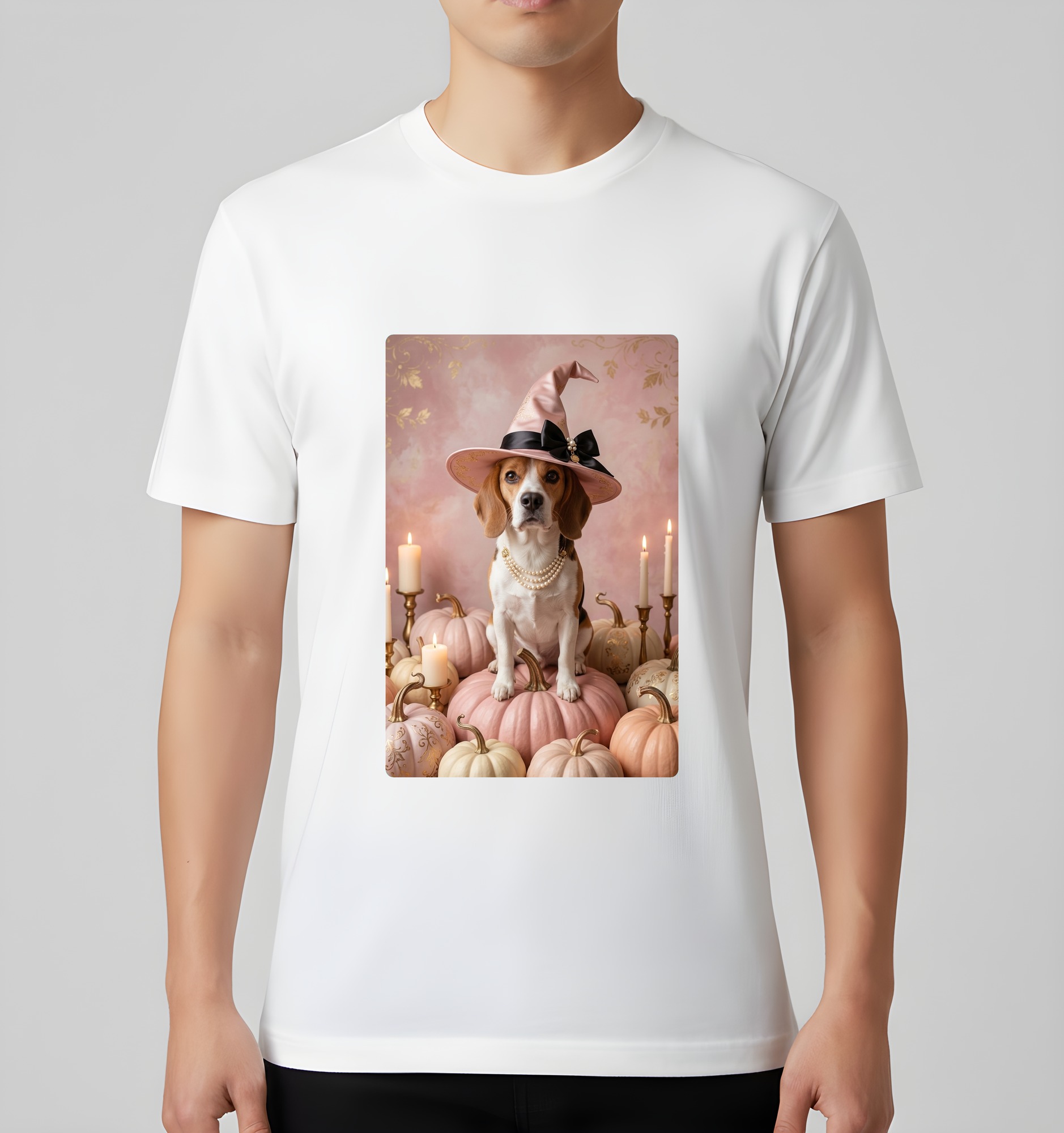 ビーグルのかぼちゃとキャンドルの油絵風アートハロウィンTシャツ（ホワイト）（3枚目）