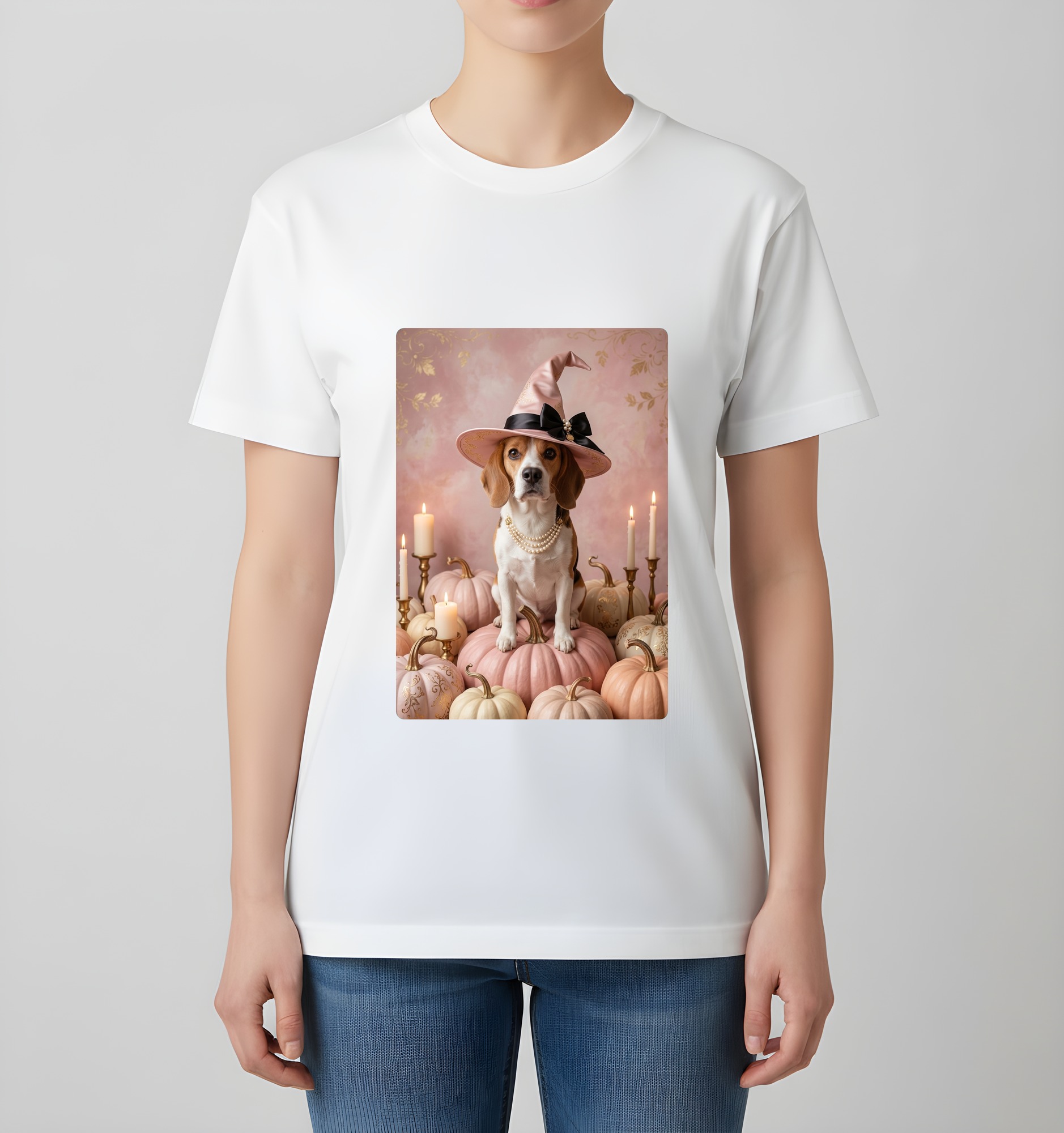ビーグルのかぼちゃとキャンドルの油絵風アートハロウィンTシャツ（ホワイト）（4枚目）