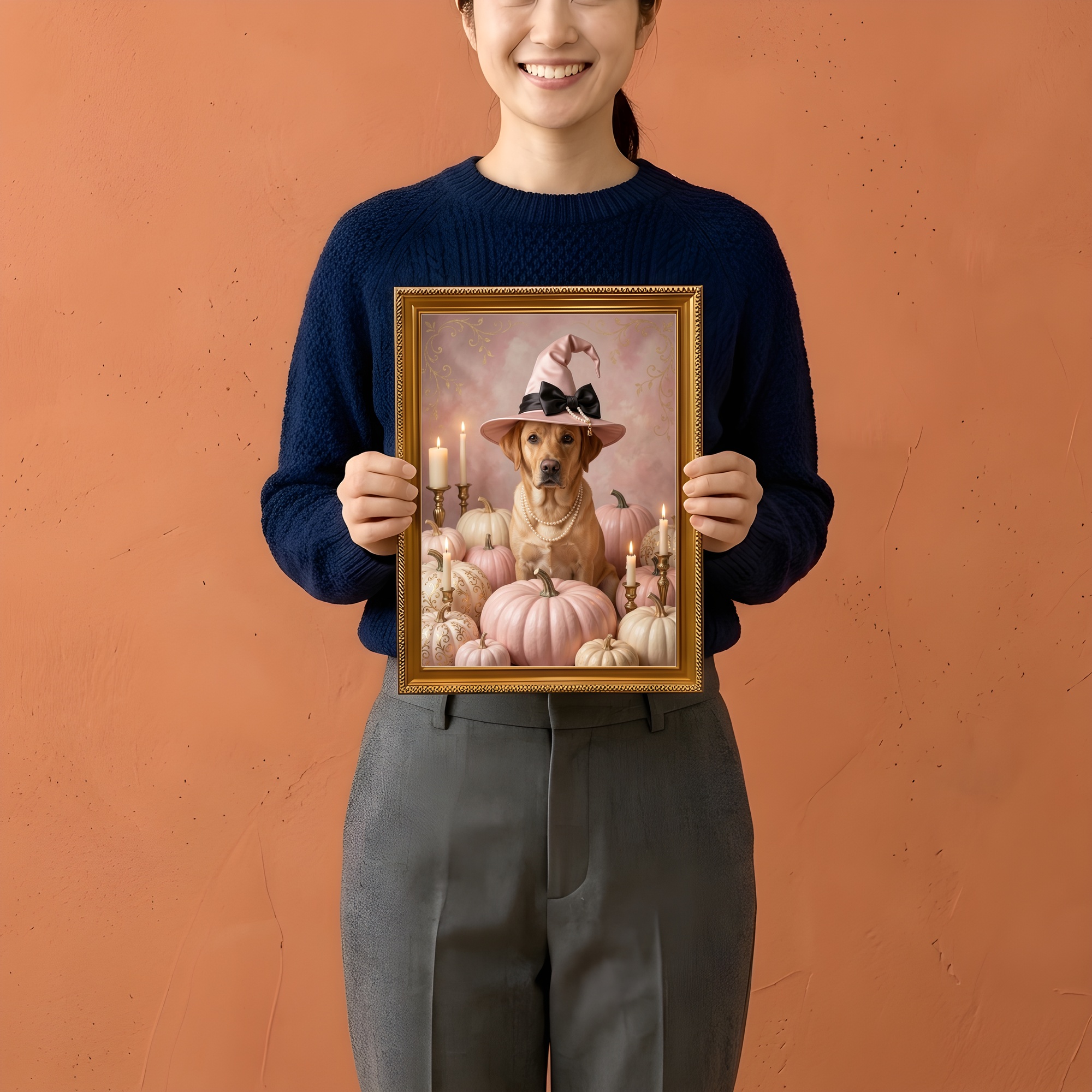 ラブラドールレトリバーのかぼちゃとキャンドルの油絵風アートハロウィン額装プリント（A4金縁）（2枚目）