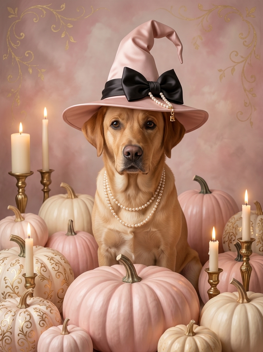 ラブラドールレトリバーのかぼちゃとキャンドルの油絵風アートハロウィン額装プリント（A4金縁）（4枚目）