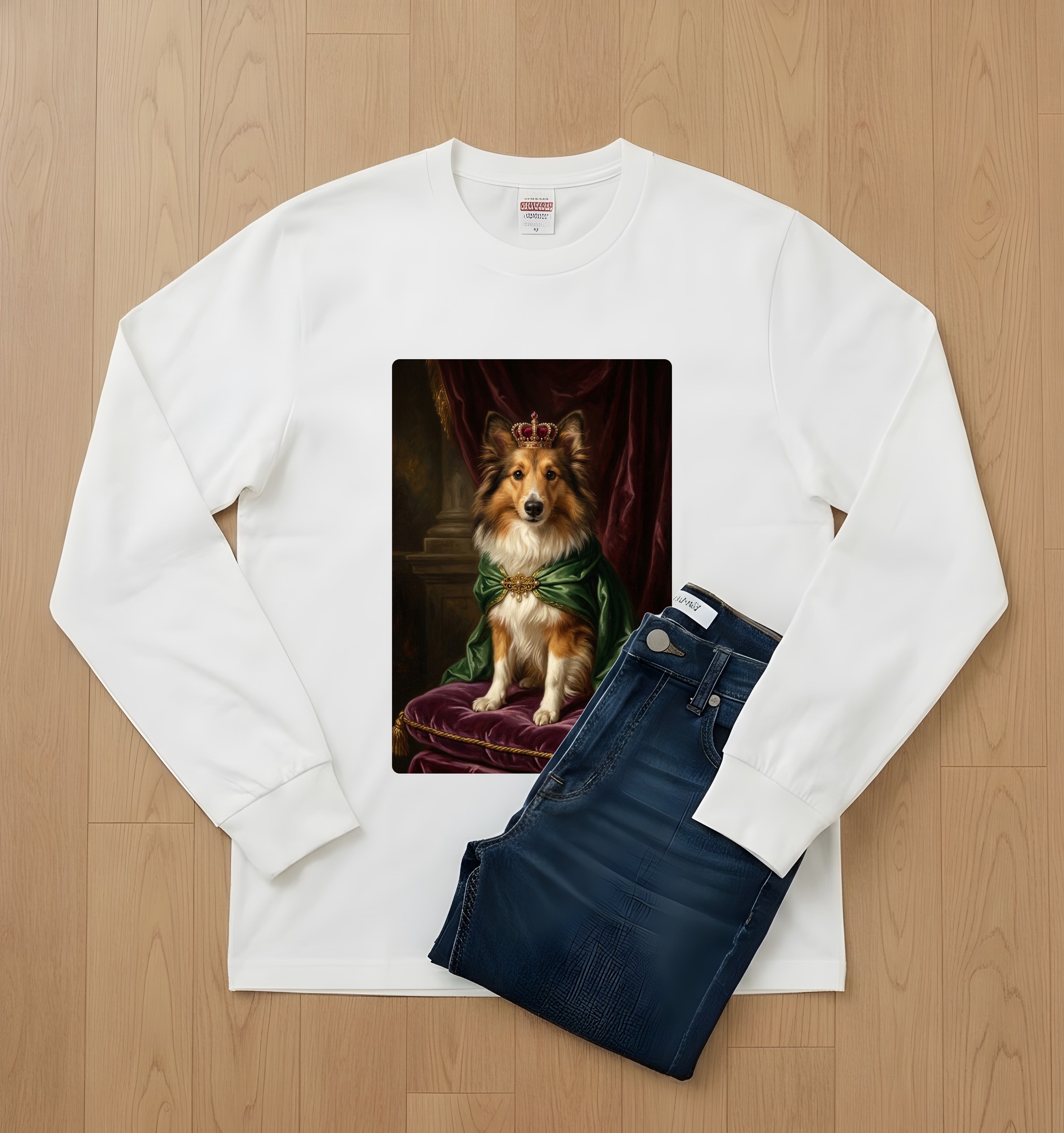 シェットランドシープドッグのルネサンス肖像画長袖Tシャツ（ホワイト）（2枚目）