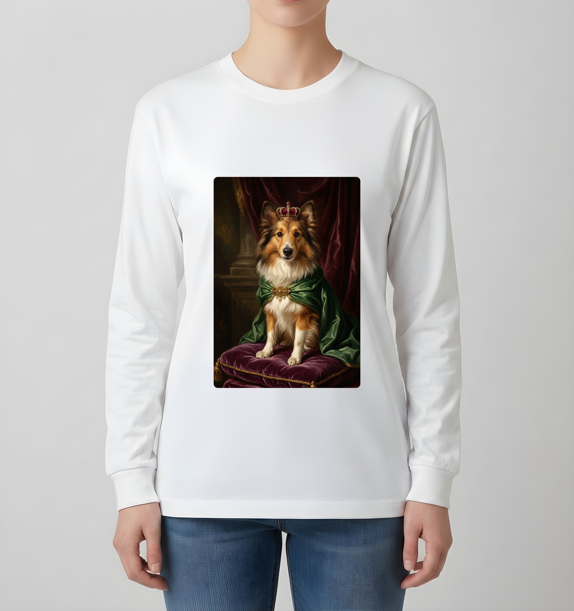 シェットランドシープドッグのルネサンス肖像画長袖Tシャツ（ホワイト）（4枚目）