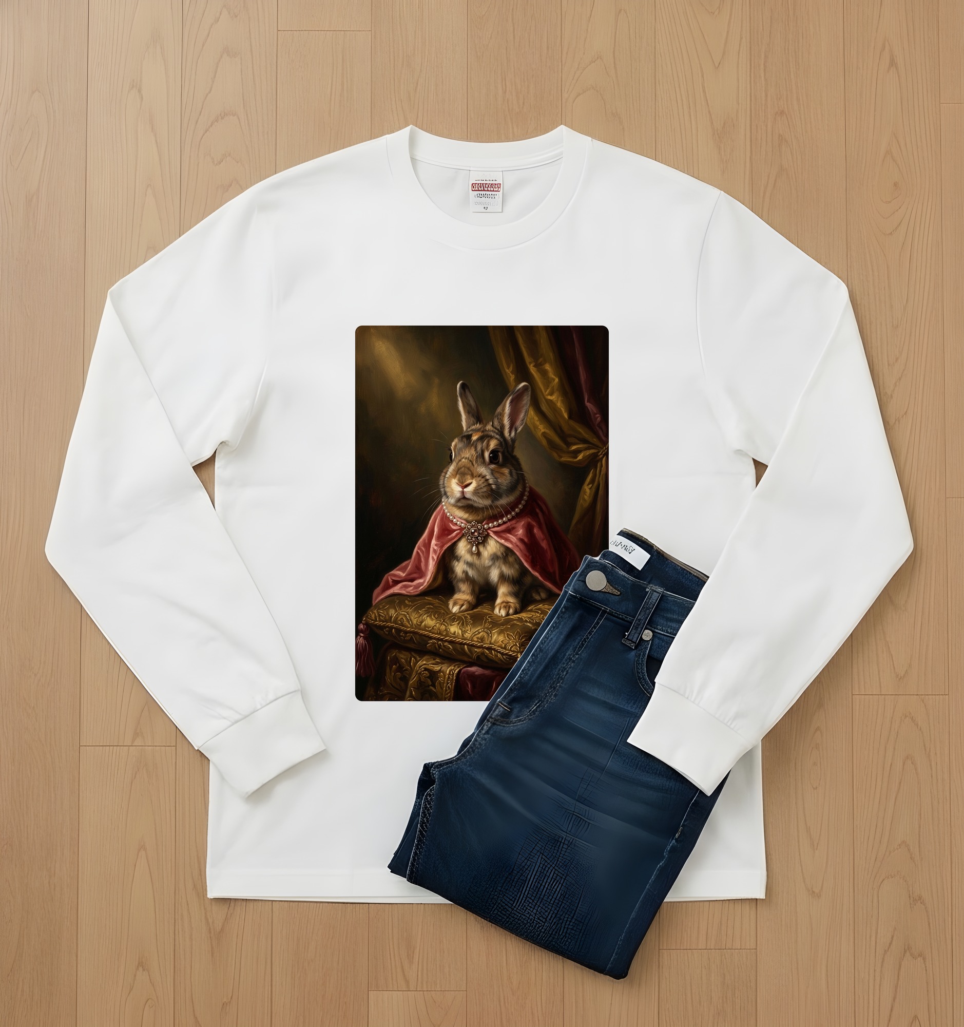 うさぎのルネサンス肖像画長袖Tシャツ（ホワイト）（2枚目）
