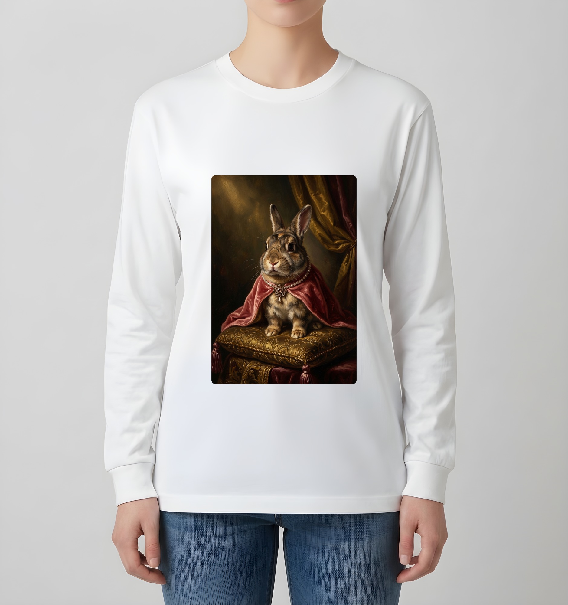 うさぎのルネサンス肖像画長袖Tシャツ（ホワイト）（4枚目）
