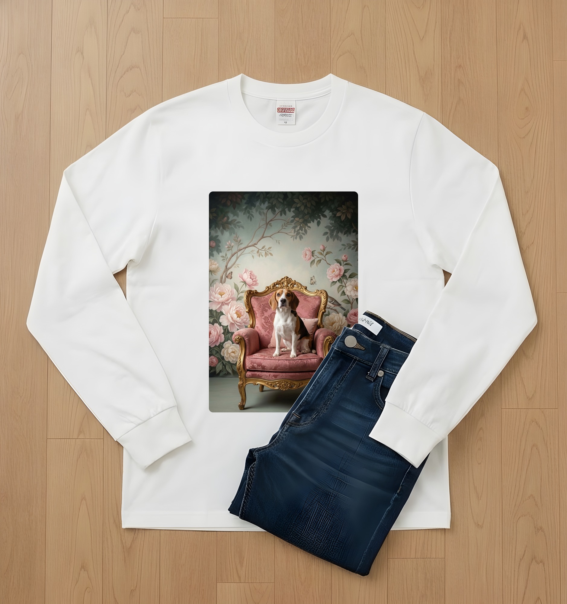 ビーグルのシャビーピンクの油絵風アートロココ調長袖Tシャツ（ホワイト）（2枚目）