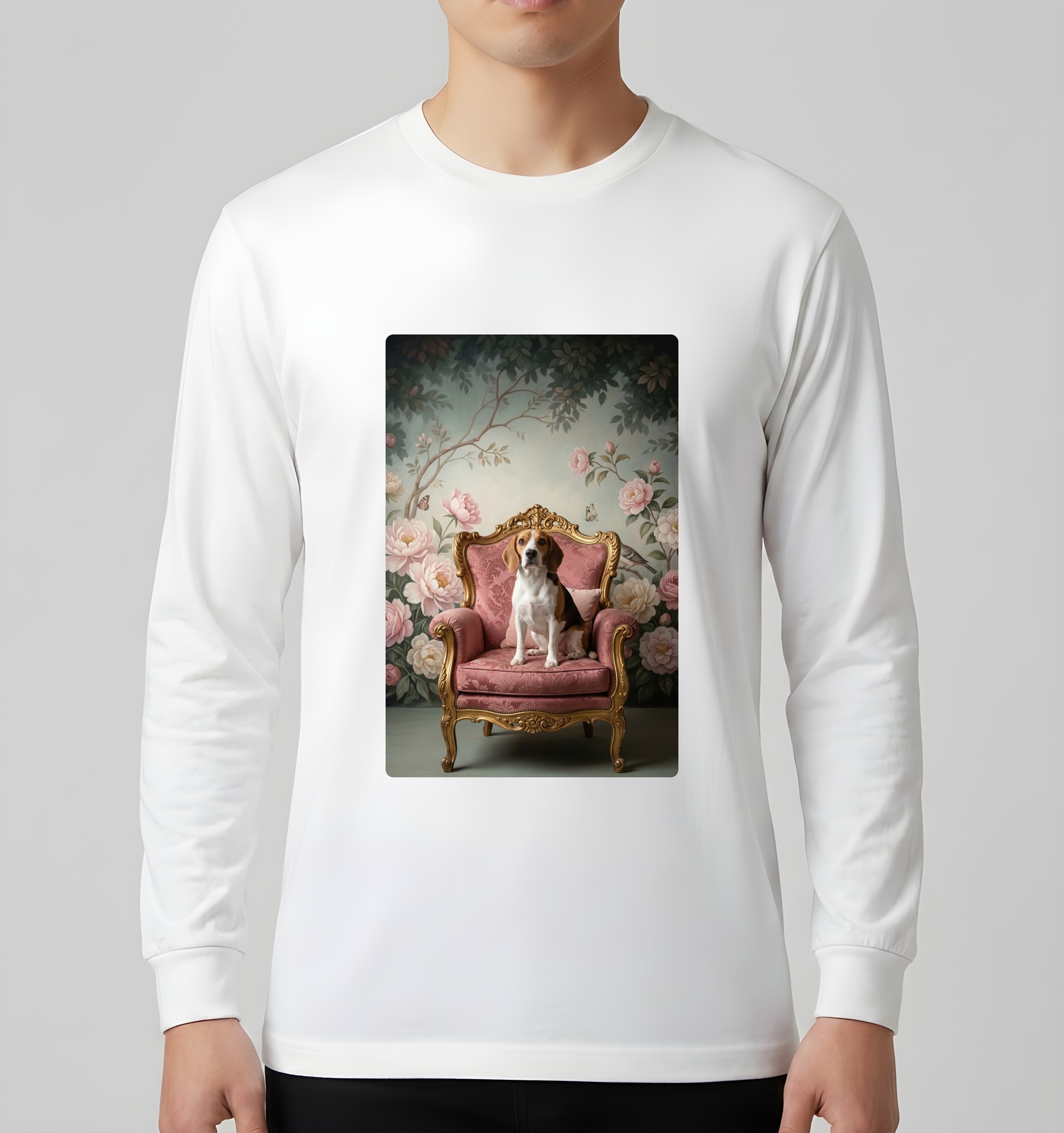 ビーグルのシャビーピンクの油絵風アートロココ調長袖Tシャツ（ホワイト）（3枚目）