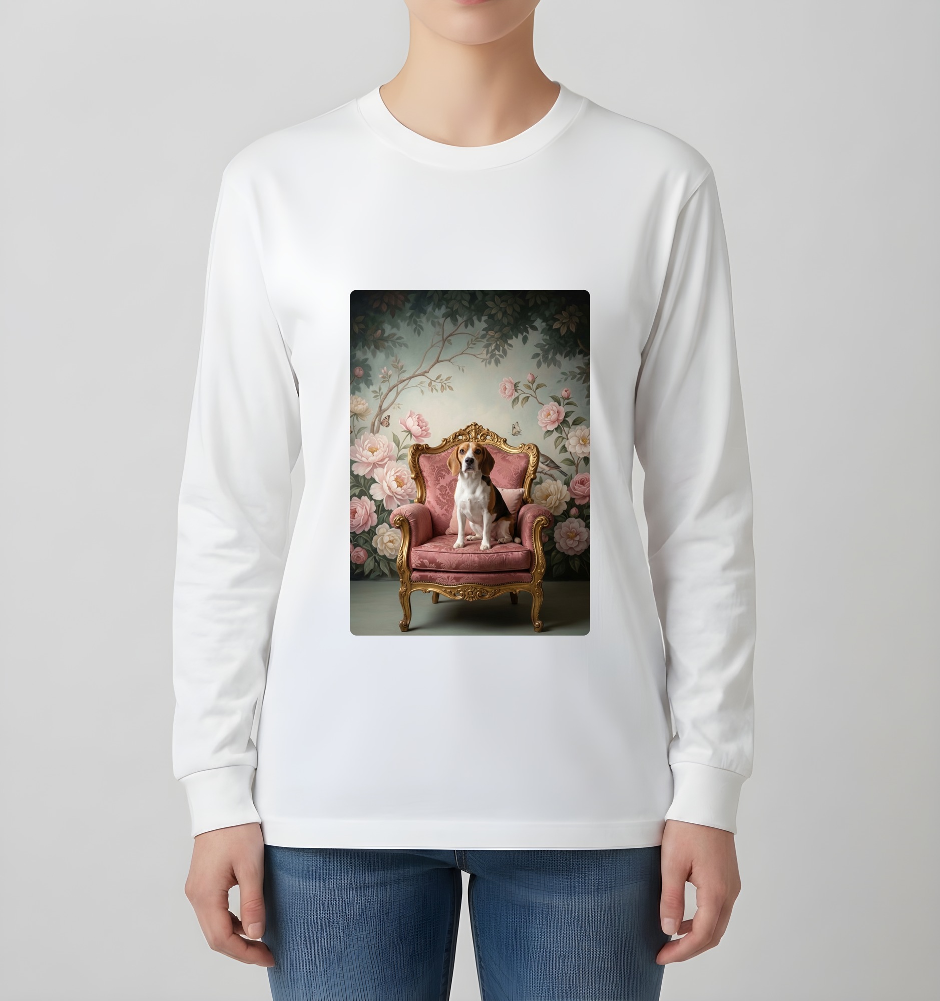 ビーグルのシャビーピンクの油絵風アートロココ調長袖Tシャツ（ホワイト）（4枚目）