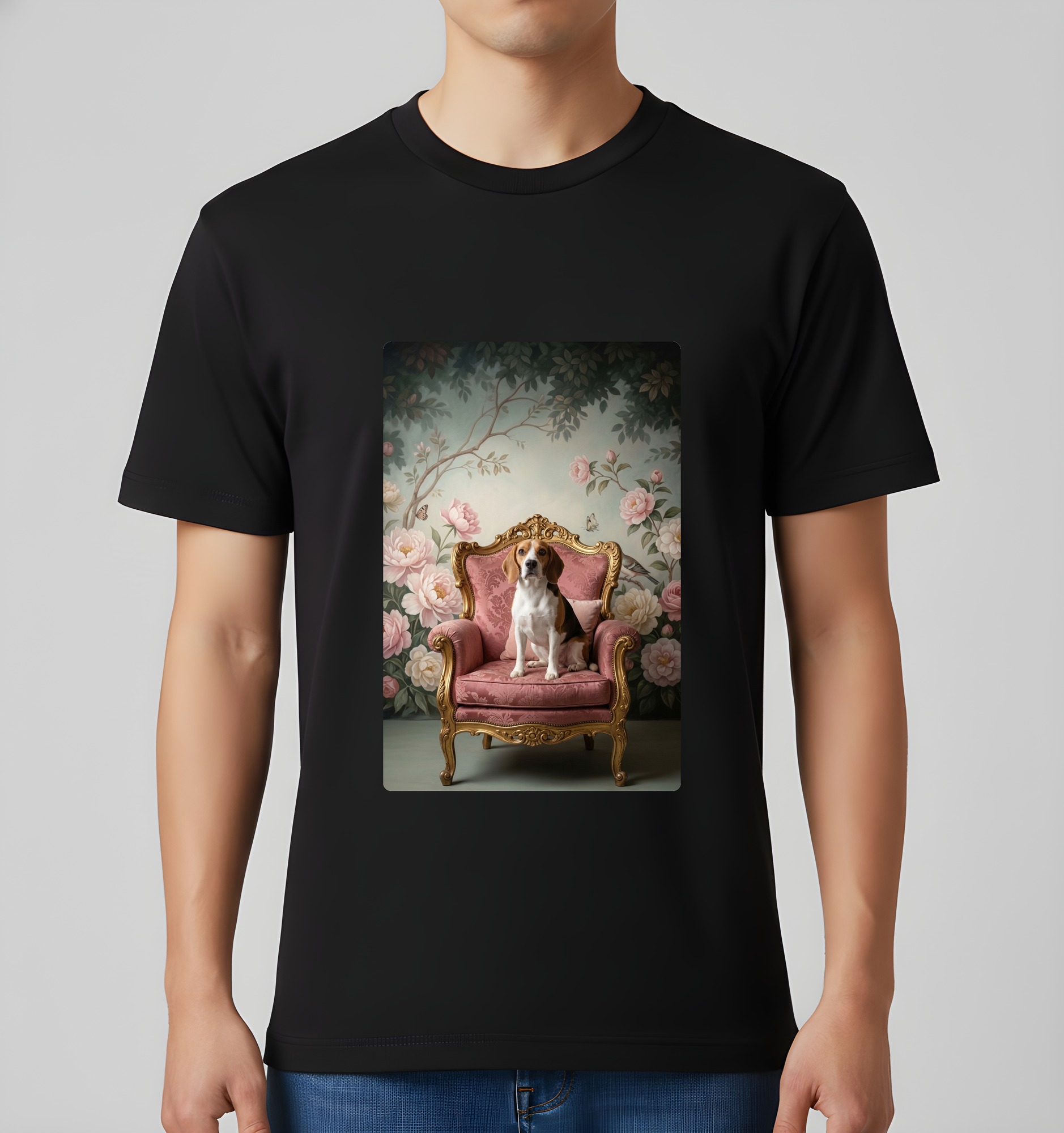 ビーグルのシャビーピンクの油絵風アートロココ調Tシャツ(ブラック)(3枚目)