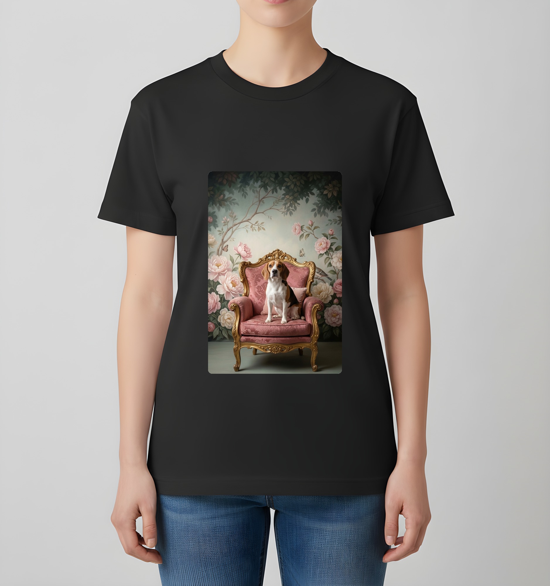 ビーグルのシャビーピンクの油絵風アートロココ調Tシャツ(ブラック)(4枚目)