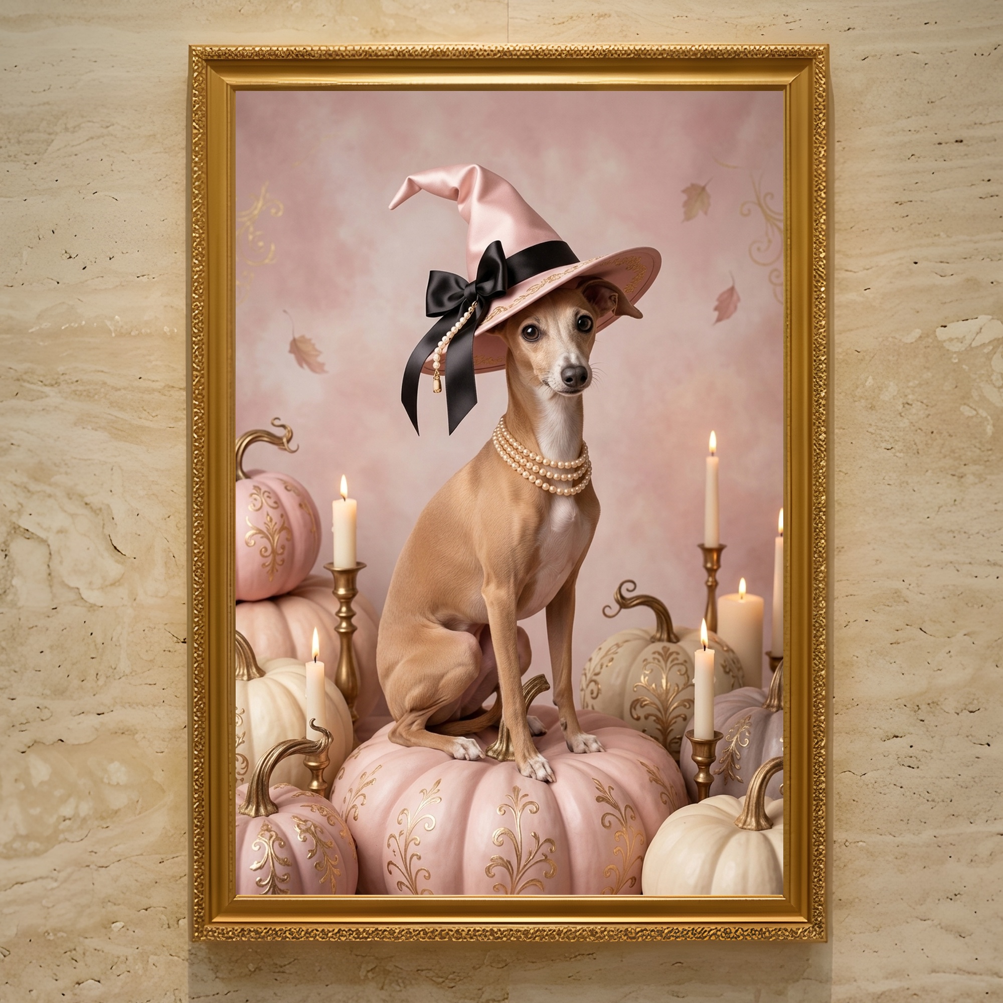 イタリアングレーハウンドのかぼちゃとキャンドルの油絵風アートハロウィン額装プリント(A3サイズ)