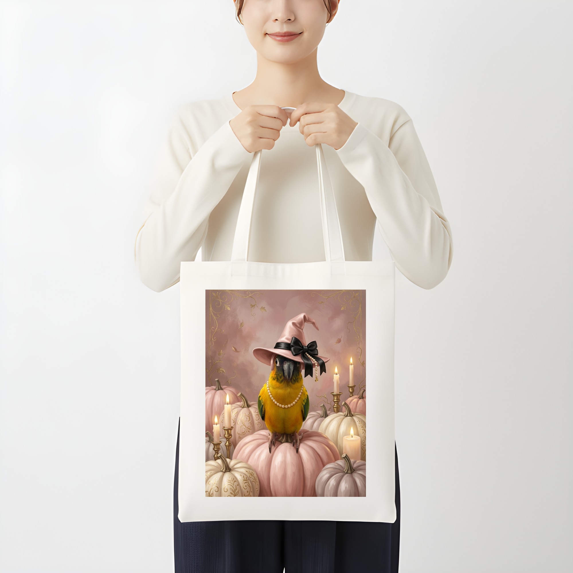 ズグロシロハラインコのかぼちゃとキャンドルの油絵風アートハロウィントートバッグ(3枚目)
