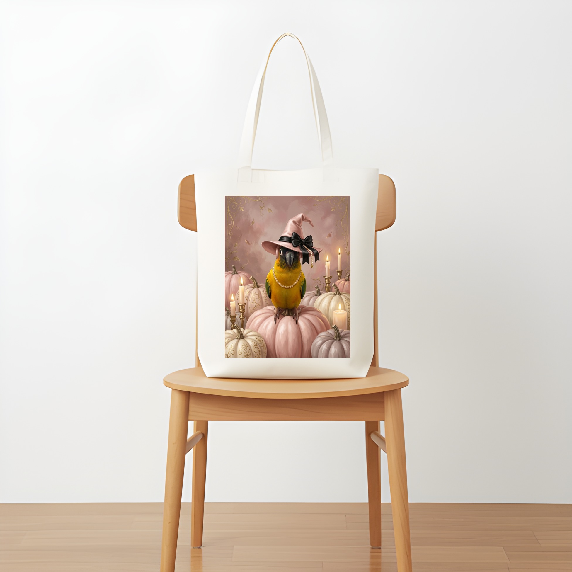 ズグロシロハラインコのかぼちゃとキャンドルの油絵風アートハロウィントートバッグ(5枚目)