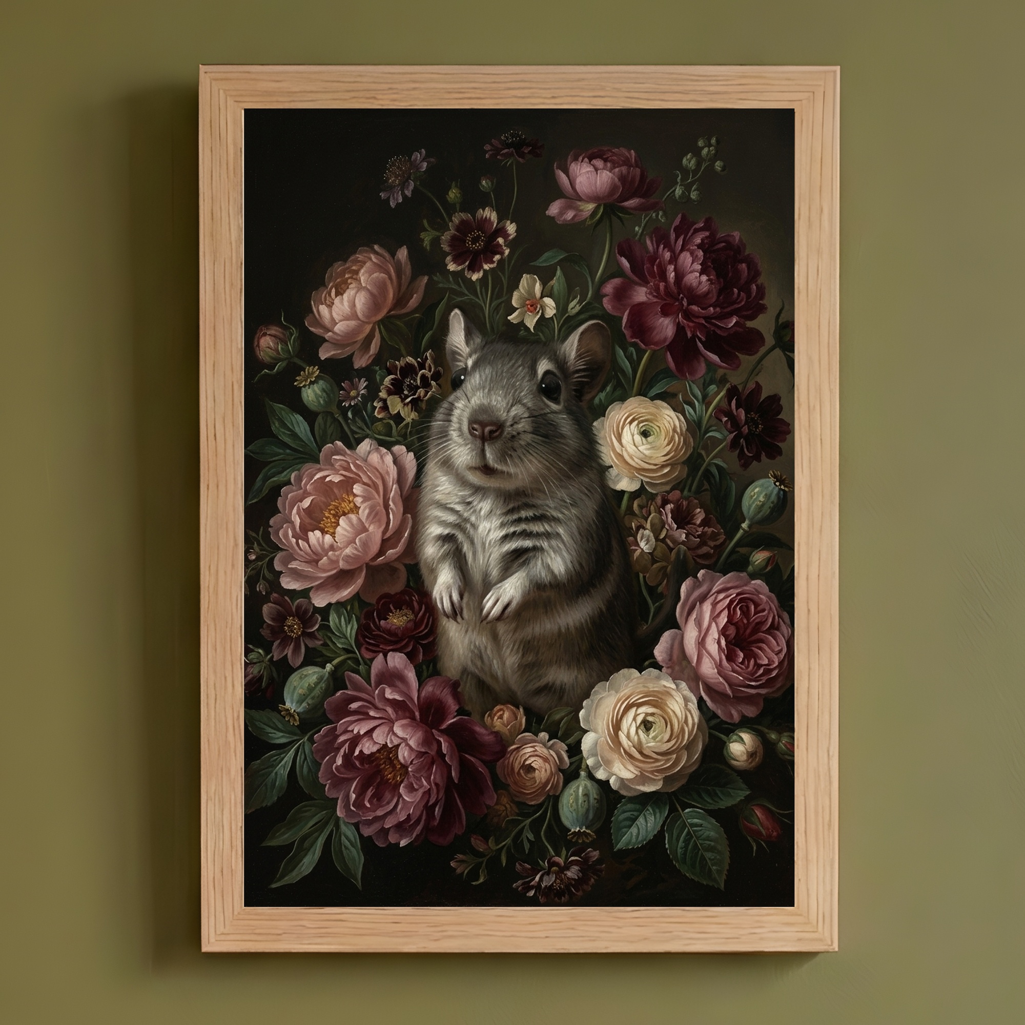 デグーの花の油絵風アート花柄額装プリント(A4サイズ)