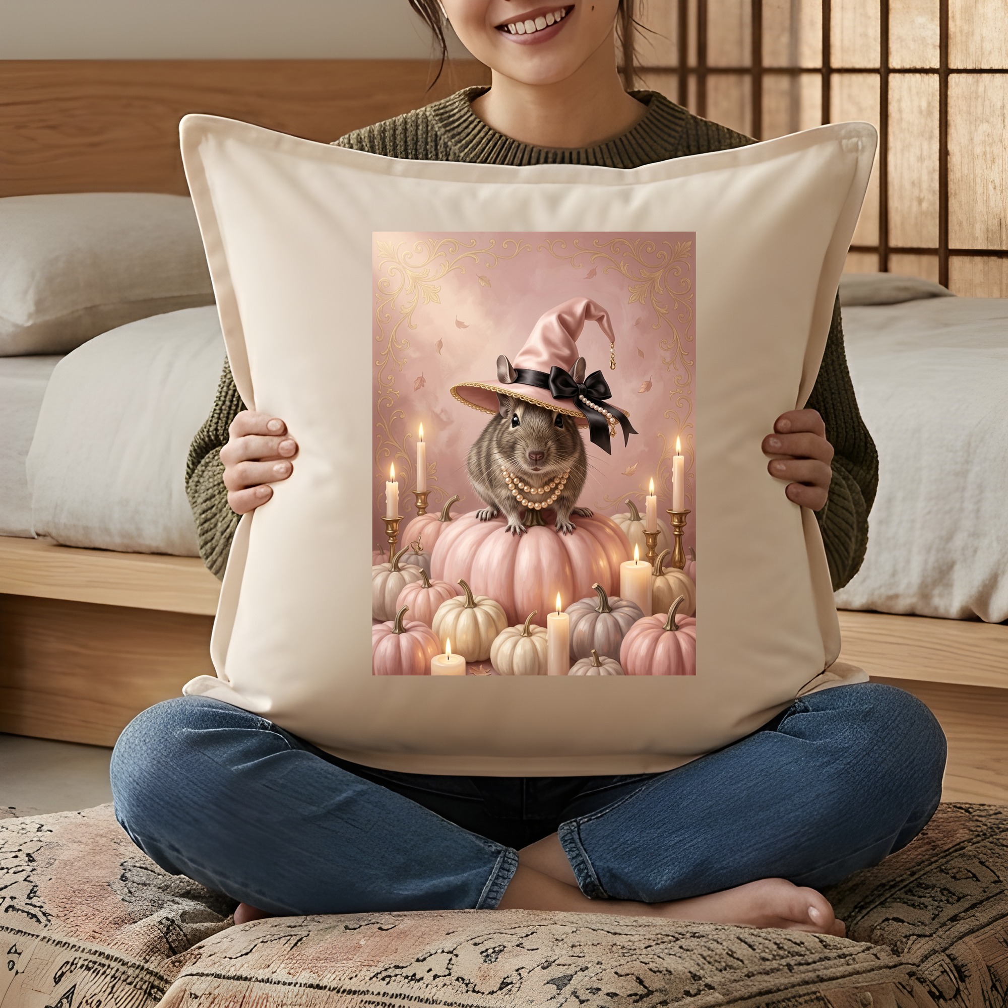 デグーのかぼちゃとキャンドルの油絵風アートハロウィンクッション(3枚目)
