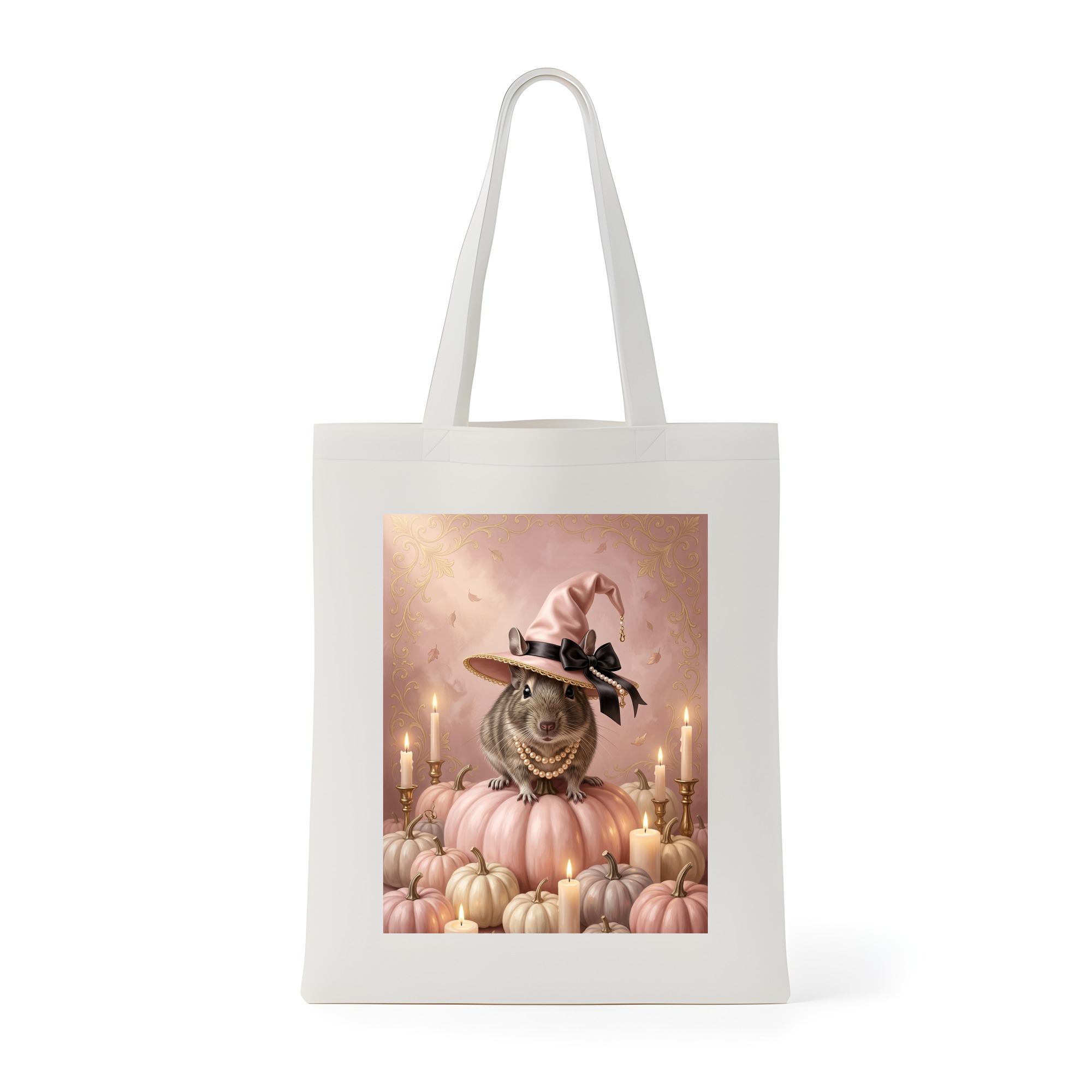 デグーのかぼちゃとキャンドルの油絵風アートハロウィントートバッグ