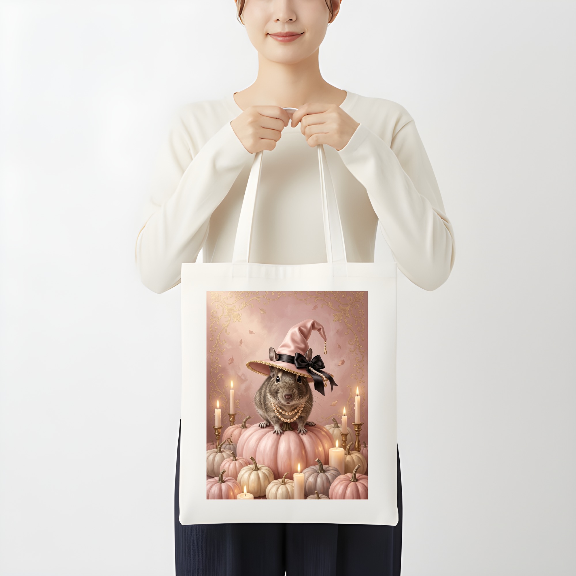 デグーのかぼちゃとキャンドルの油絵風アートハロウィントートバッグ(3枚目)