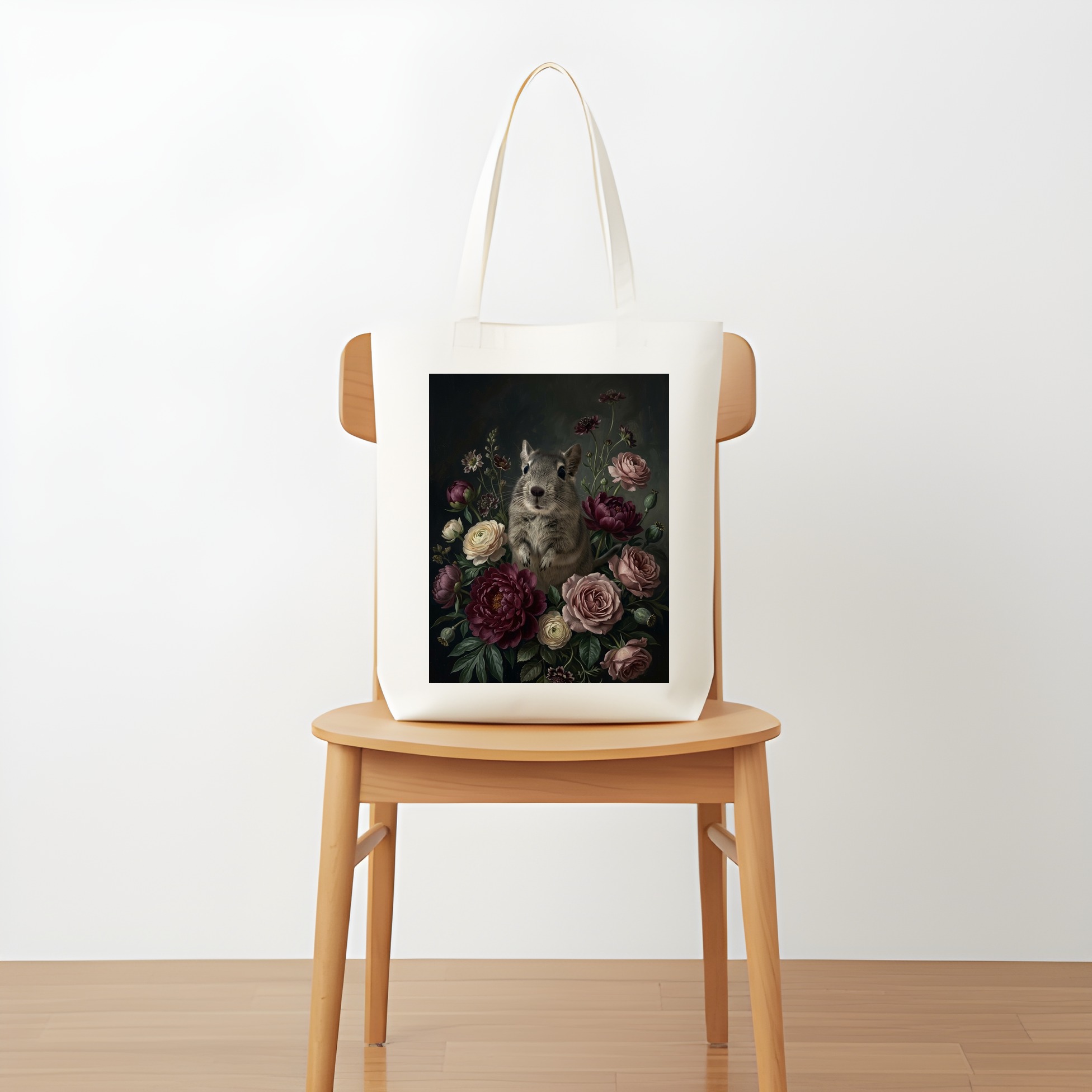 デグーの花の油絵風アート花柄トートバッグ（5枚目）