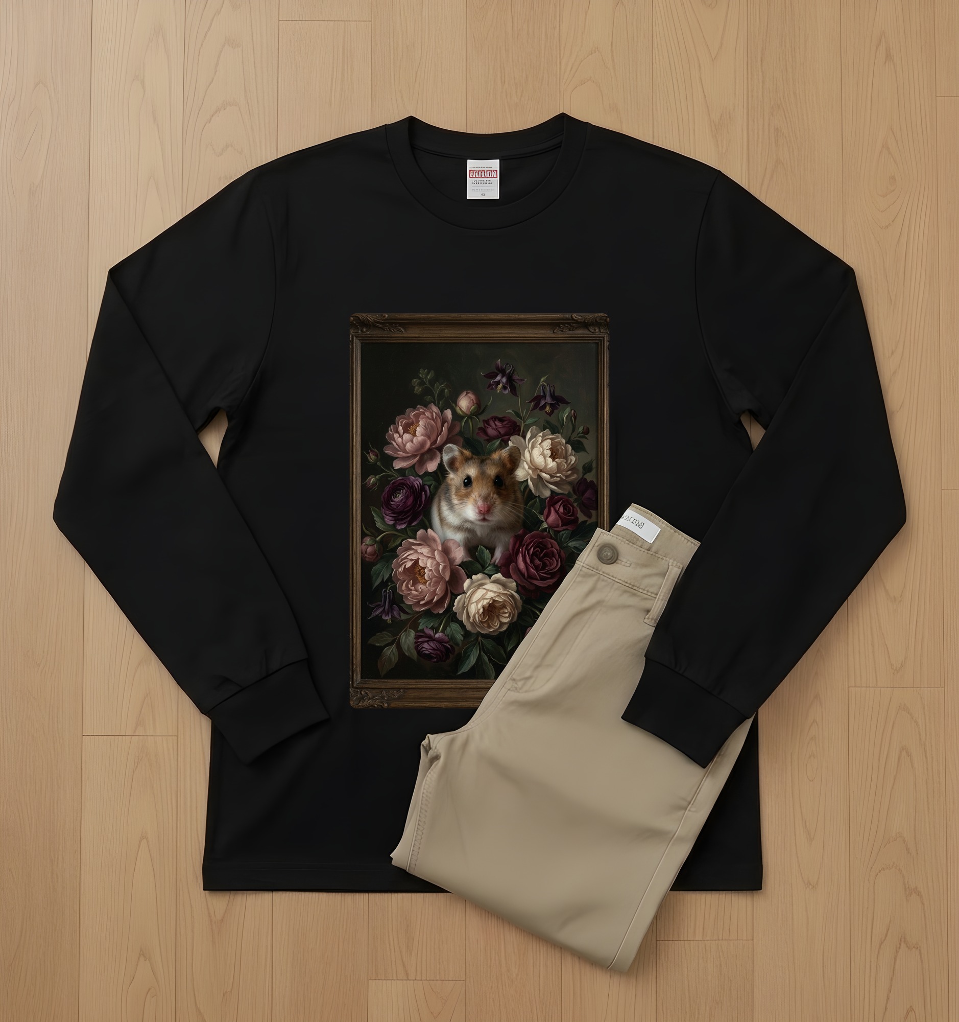 ロボロフスキーハムスターの花の油絵風アート花柄長袖Tシャツ(ブラック)(2枚目)