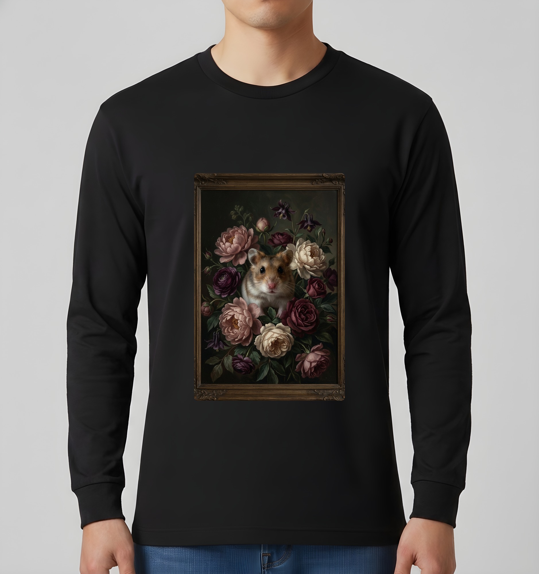 ロボロフスキーハムスターの花の油絵風アート花柄長袖Tシャツ(ブラック)(3枚目)