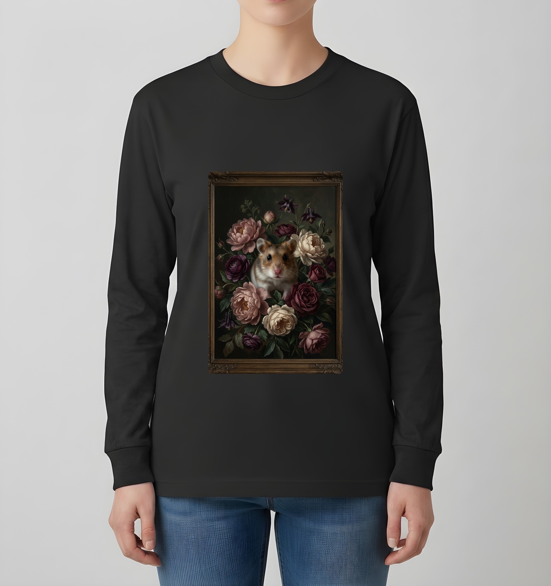 ロボロフスキーハムスターの花の油絵風アート花柄長袖Tシャツ(ブラック)(4枚目)