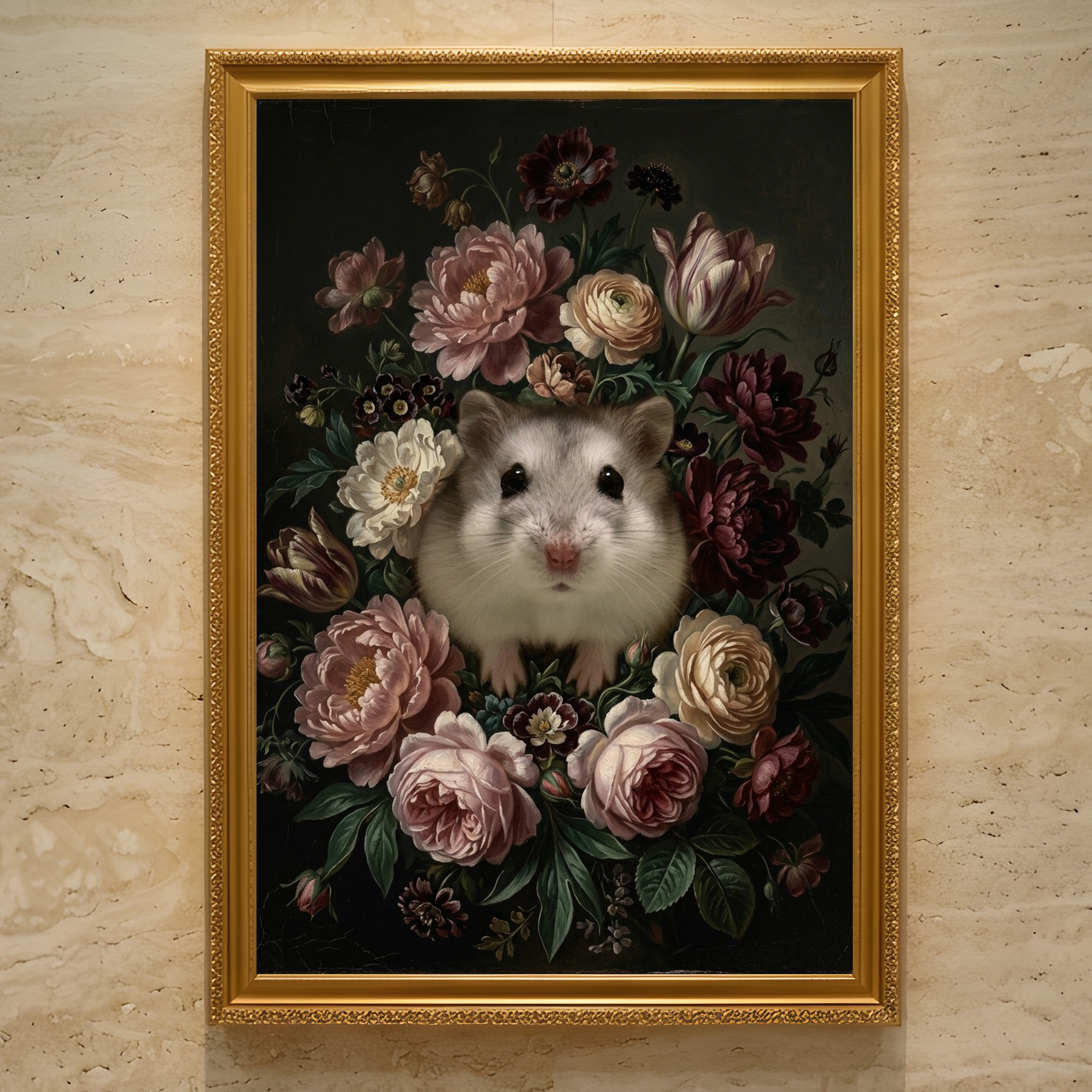 ウィンターホワイトハムスターの花の油絵風アート花柄額装プリント(A3サイズ)