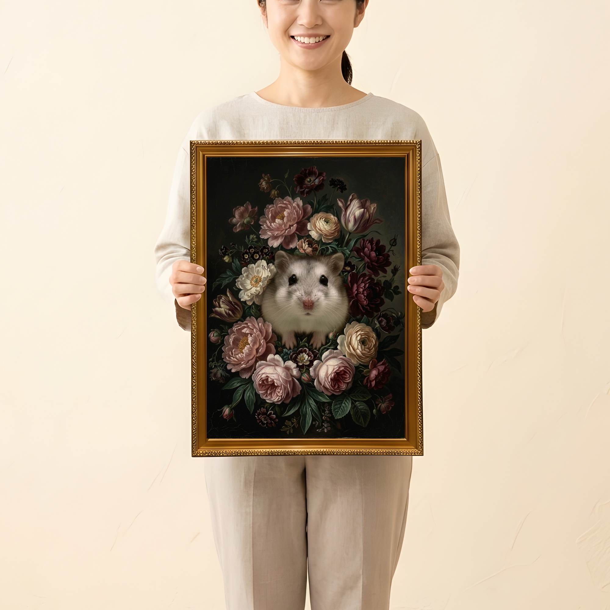 ウィンターホワイトハムスターの花の油絵風アート花柄額装プリント(A3サイズ)(2枚目)