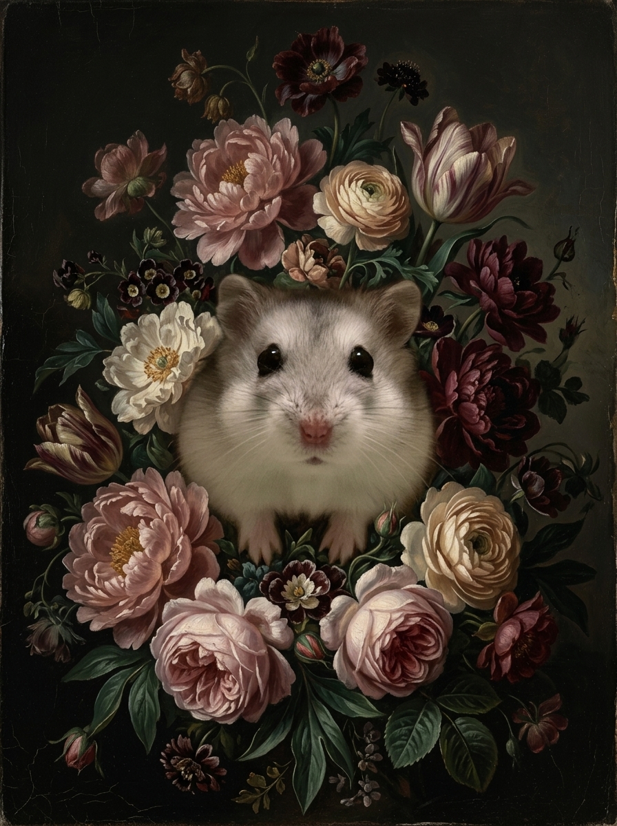 ウィンターホワイトハムスターの花の油絵風アート花柄額装プリント(A3サイズ)(4枚目)