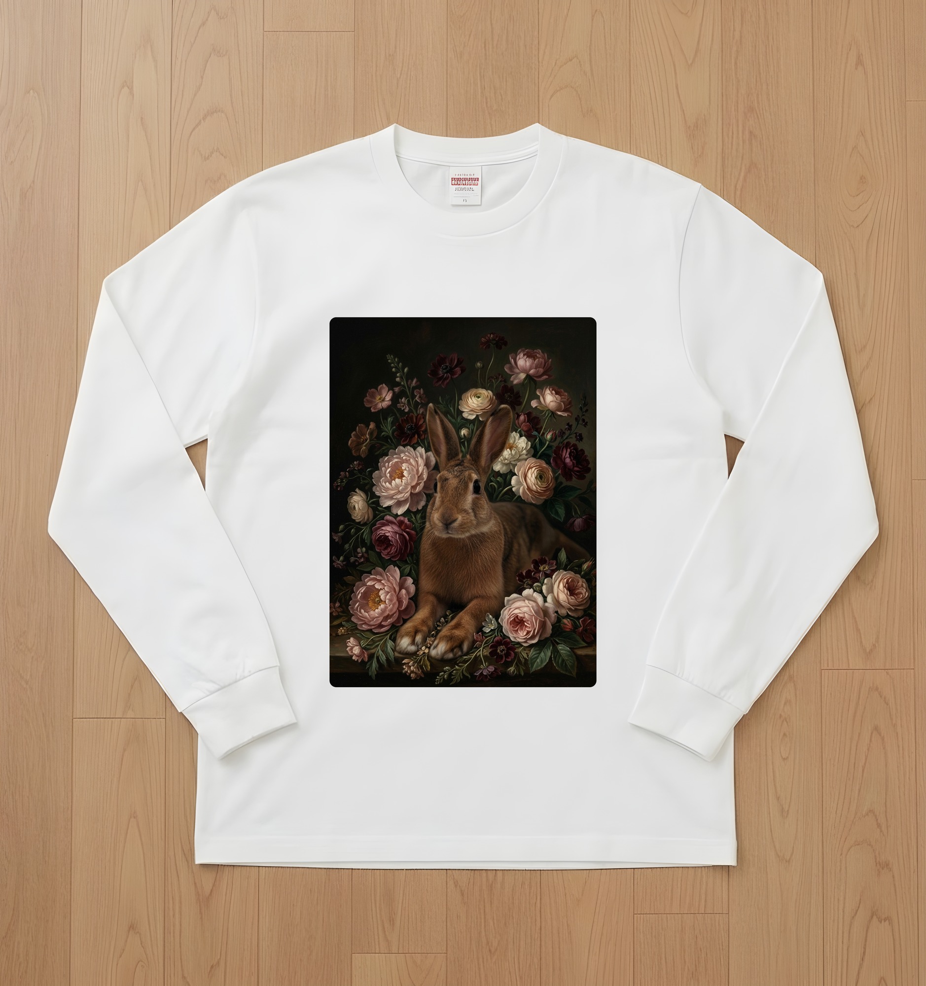 ベルジアンヘアの花の油絵風アート花柄長袖Tシャツ(ホワイト)