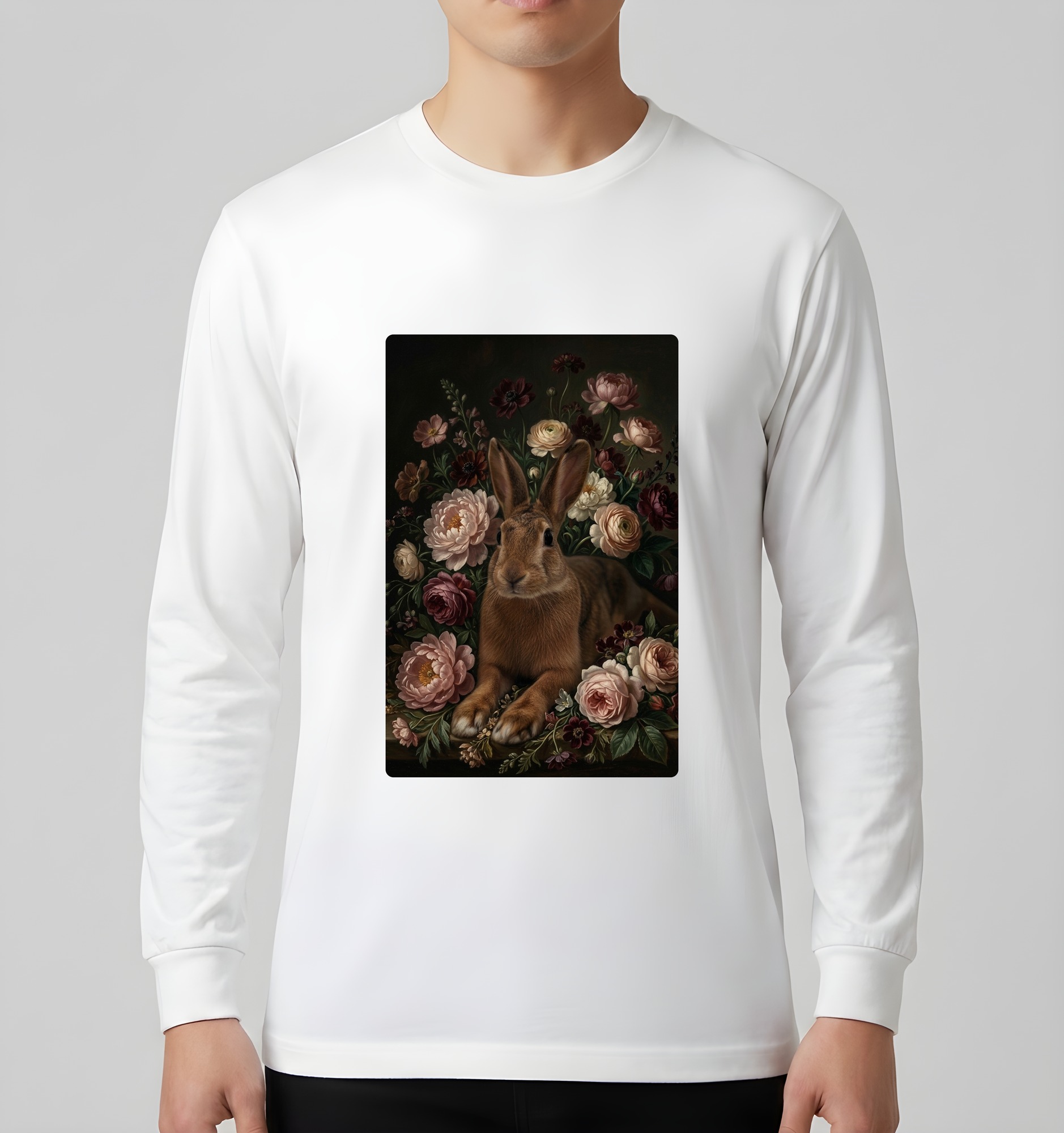 ベルジアンヘアの花の油絵風アート花柄長袖Tシャツ(ホワイト)(3枚目)