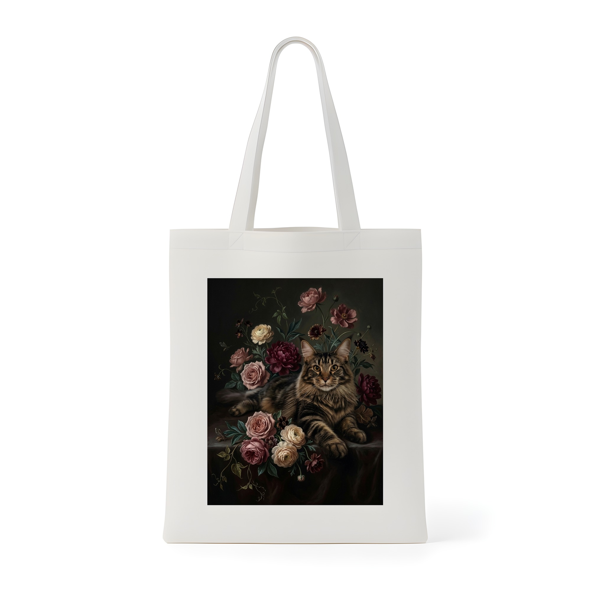 メインクーンの花の油絵風アート花柄トートバッグ