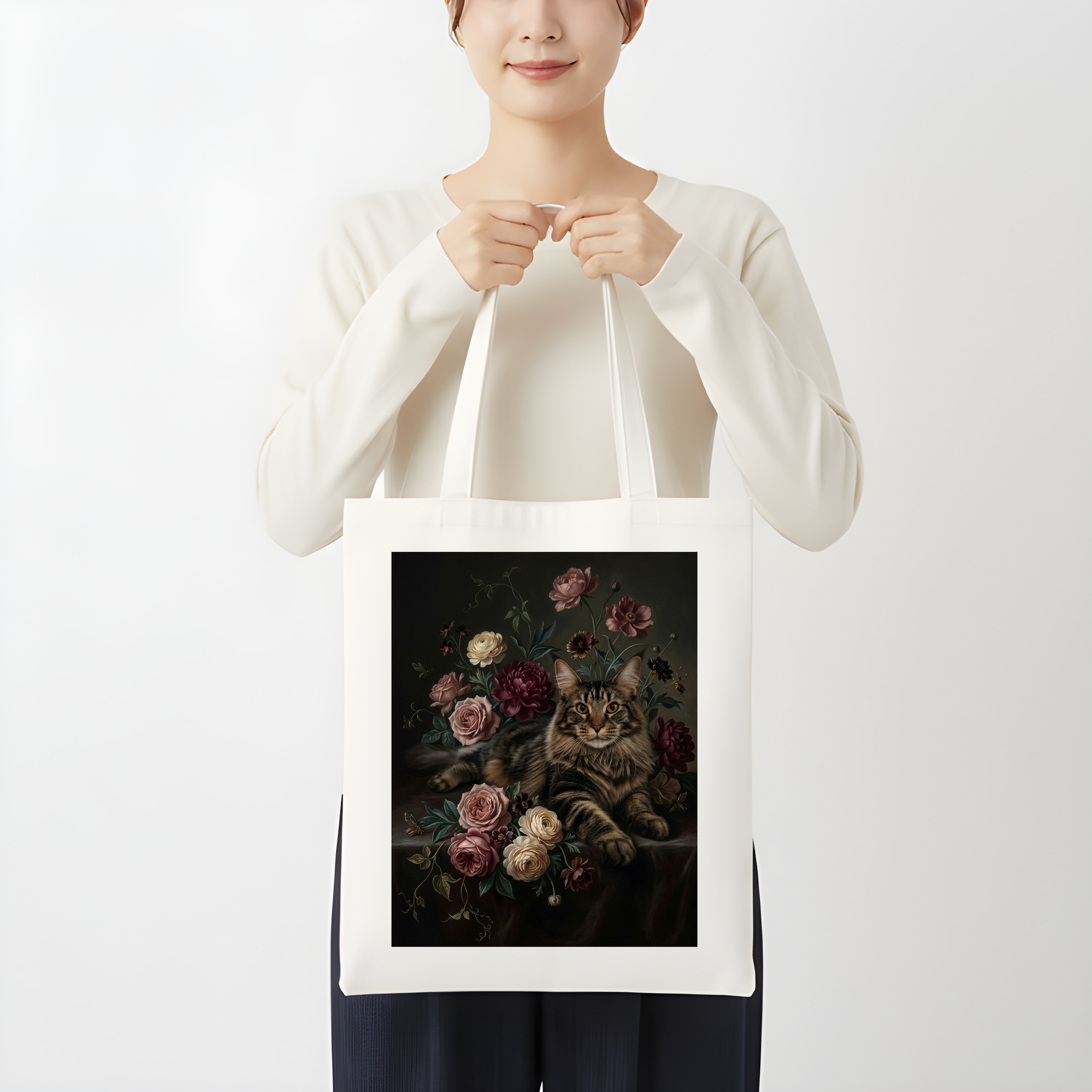メインクーンの花の油絵風アート花柄トートバッグ(3枚目)