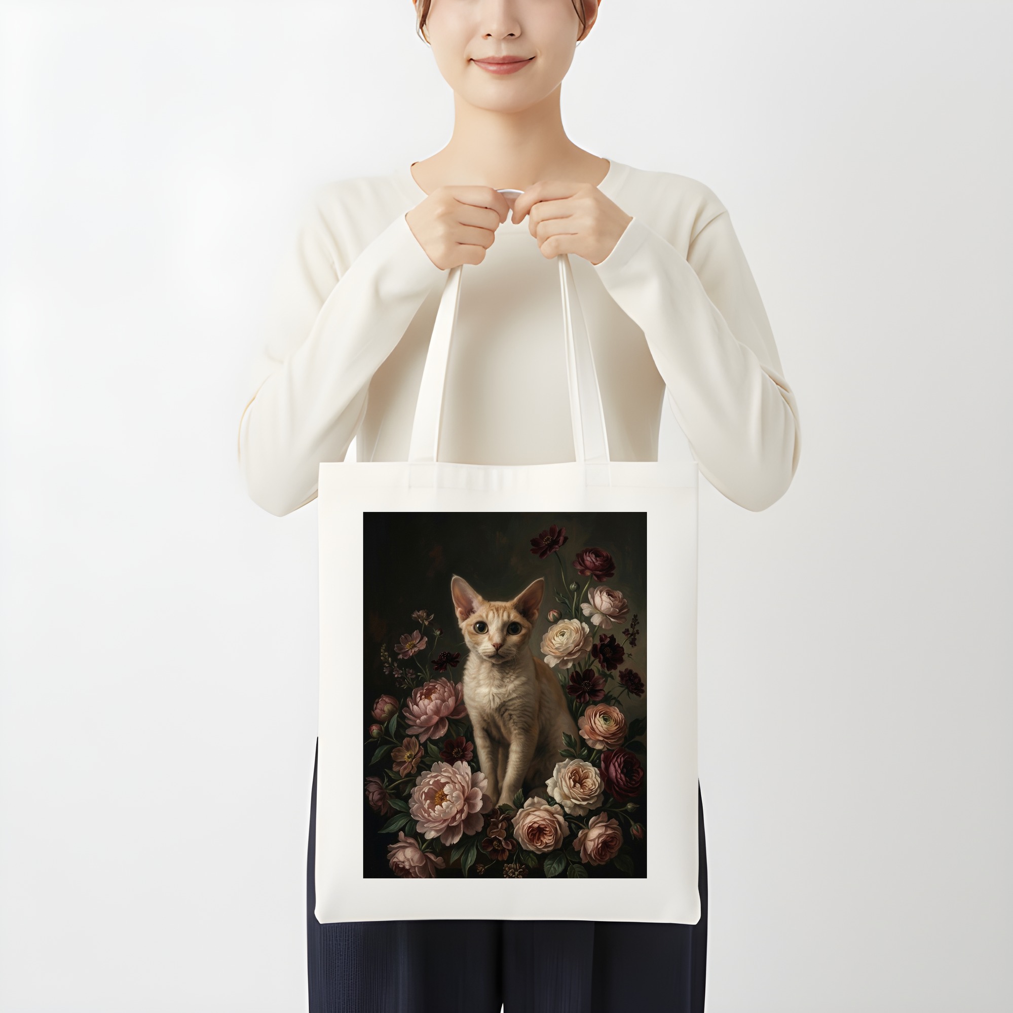 デボンレックスの花の油絵風アート花柄トートバッグ(3枚目)