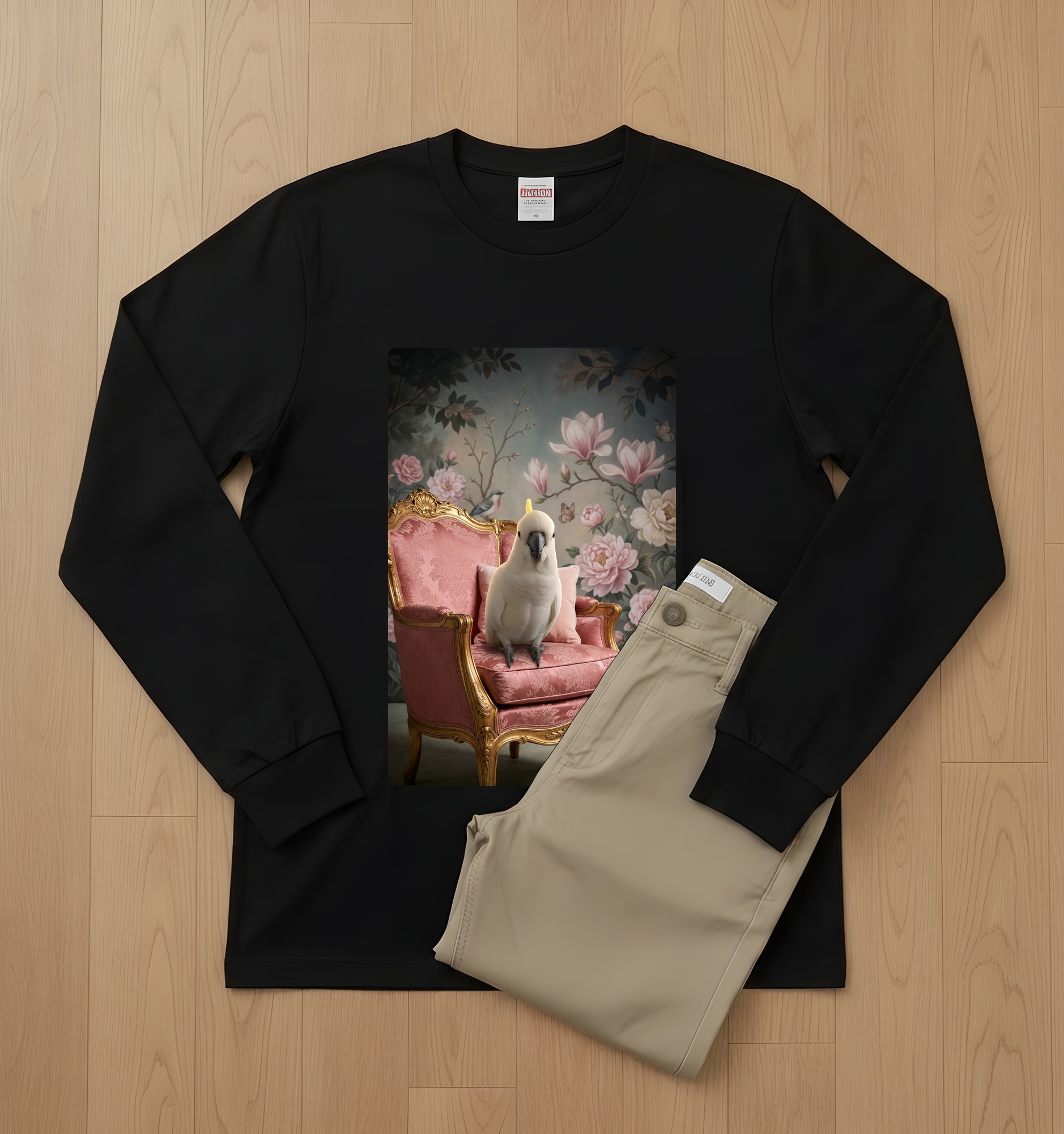 タイハクオウムのシャビーピンクの油絵風アートロココ調長袖Tシャツ(ブラック)(2枚目)
