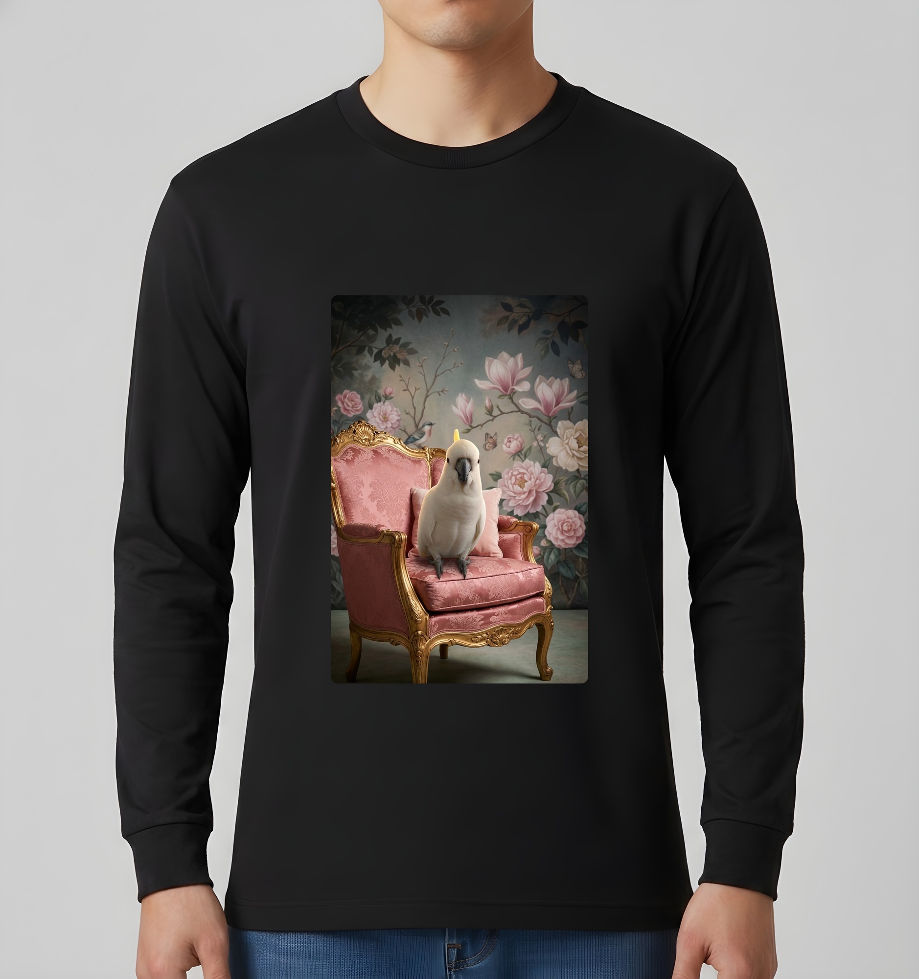 タイハクオウムのシャビーピンクの油絵風アートロココ調長袖Tシャツ(ブラック)(3枚目)