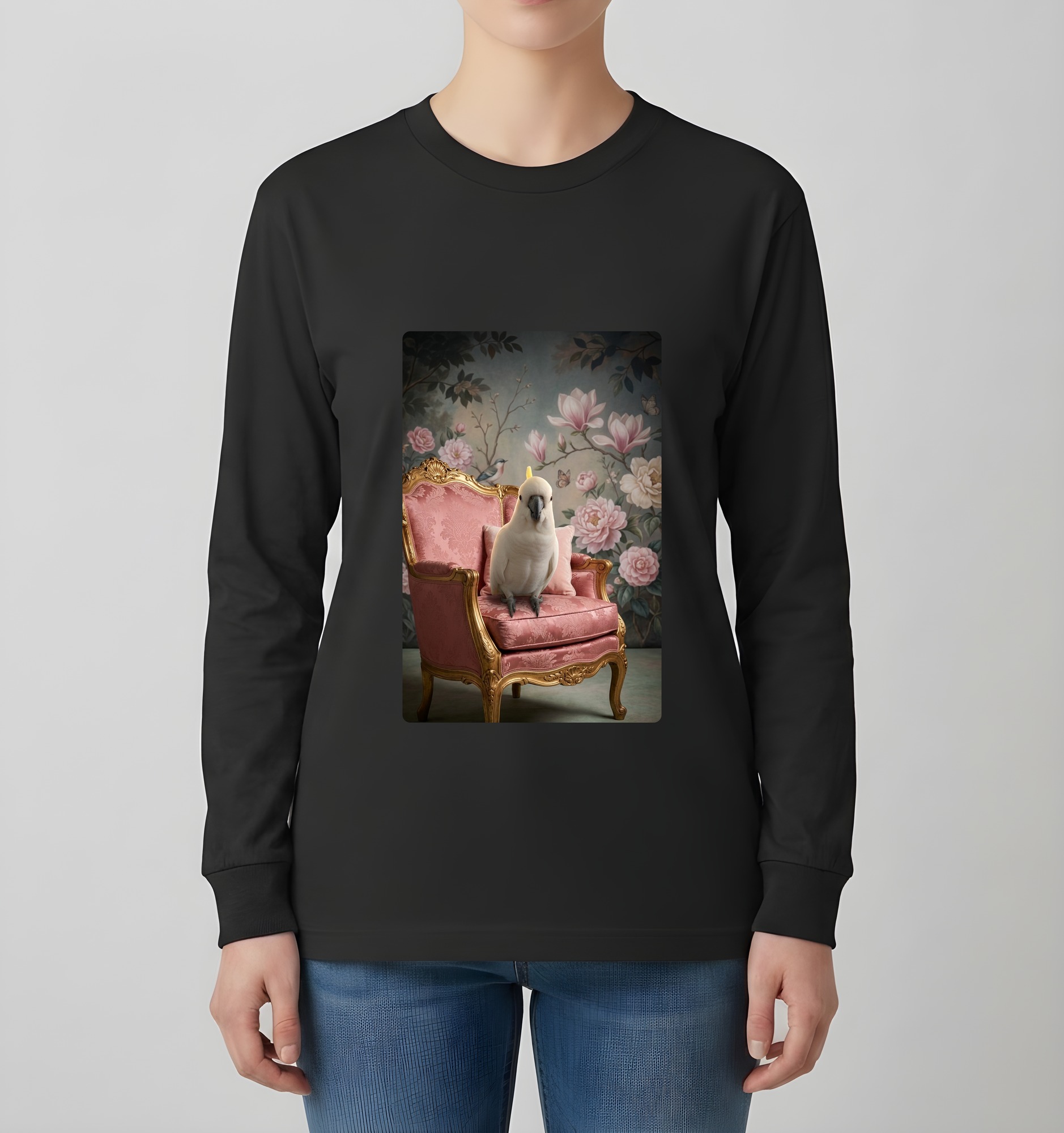 タイハクオウムのシャビーピンクの油絵風アートロココ調長袖Tシャツ(ブラック)(4枚目)