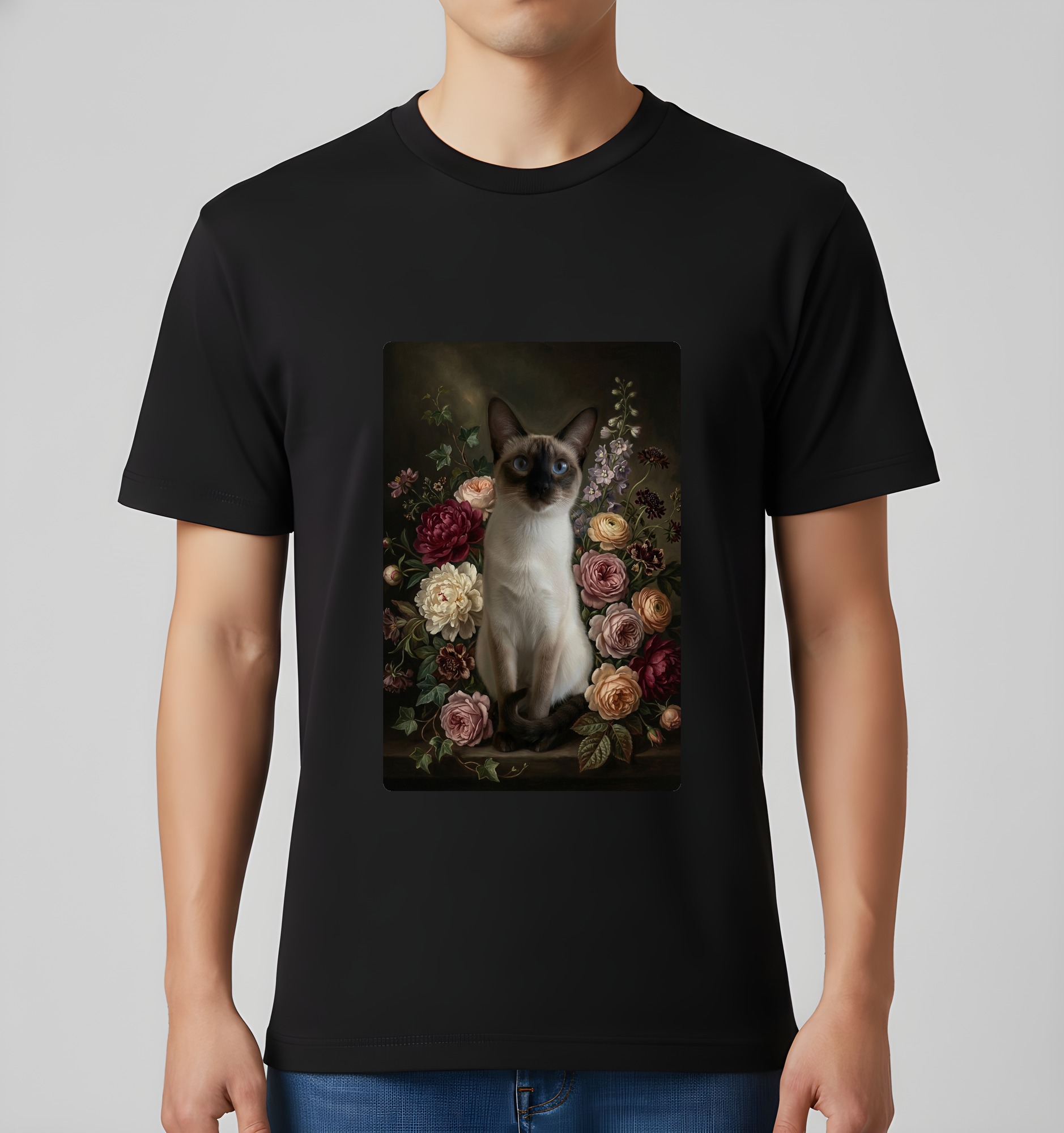 バリニーズの花の油絵風アート花柄Tシャツ（ブラック）（3枚目）