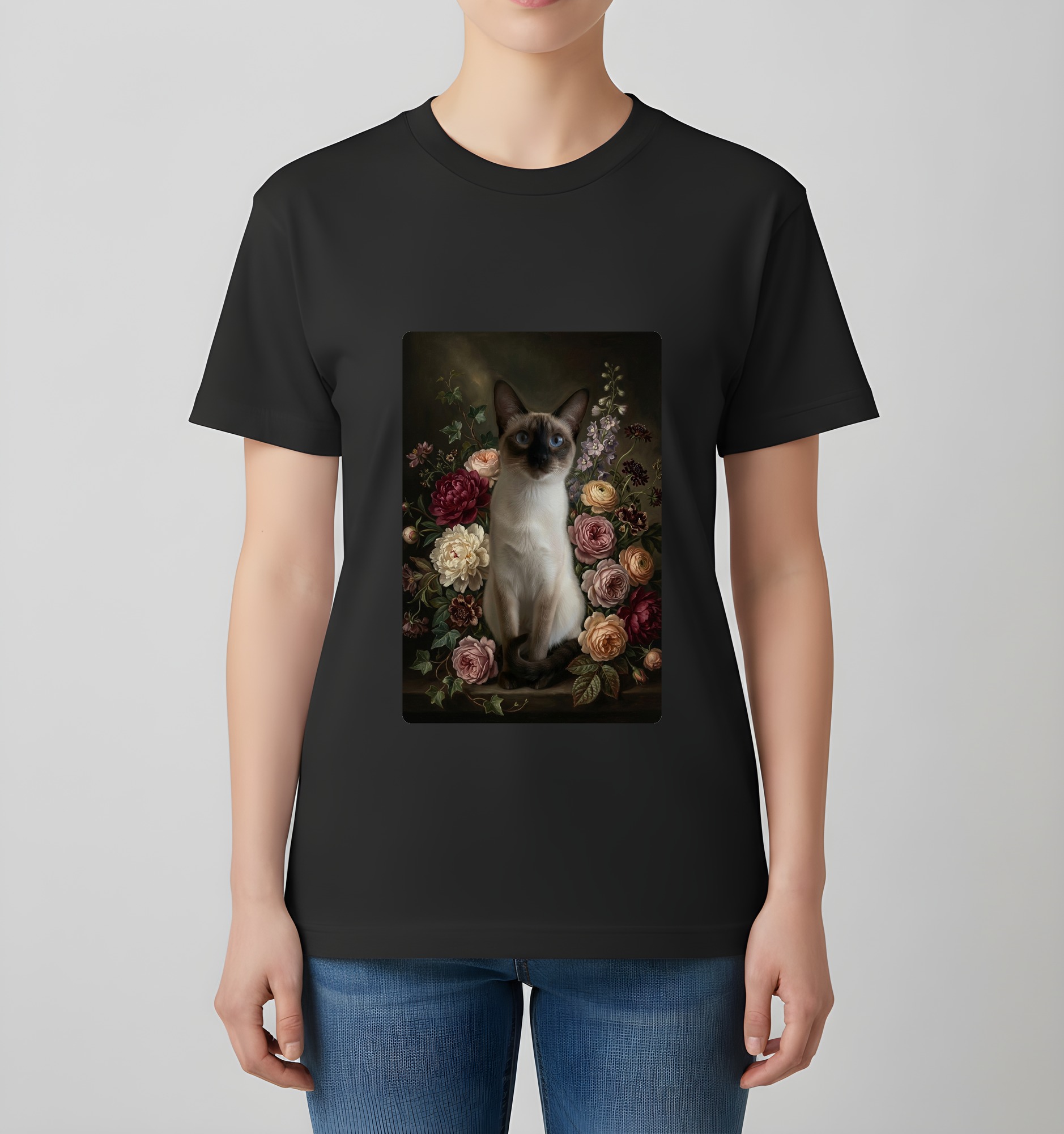 バリニーズの花の油絵風アート花柄Tシャツ（ブラック）（4枚目）