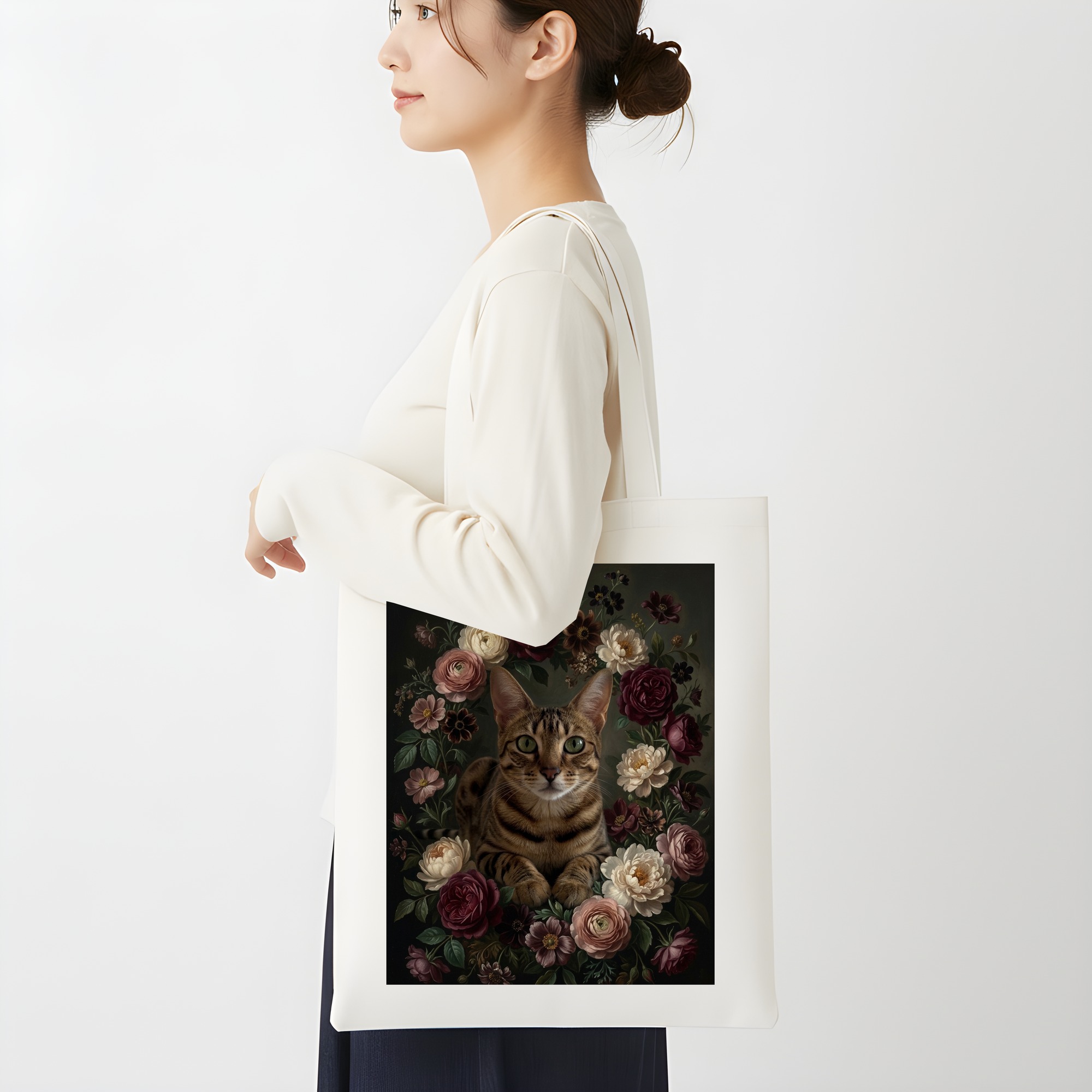 オシキャットの花の油絵風アート花柄トートバッグ(2枚目)