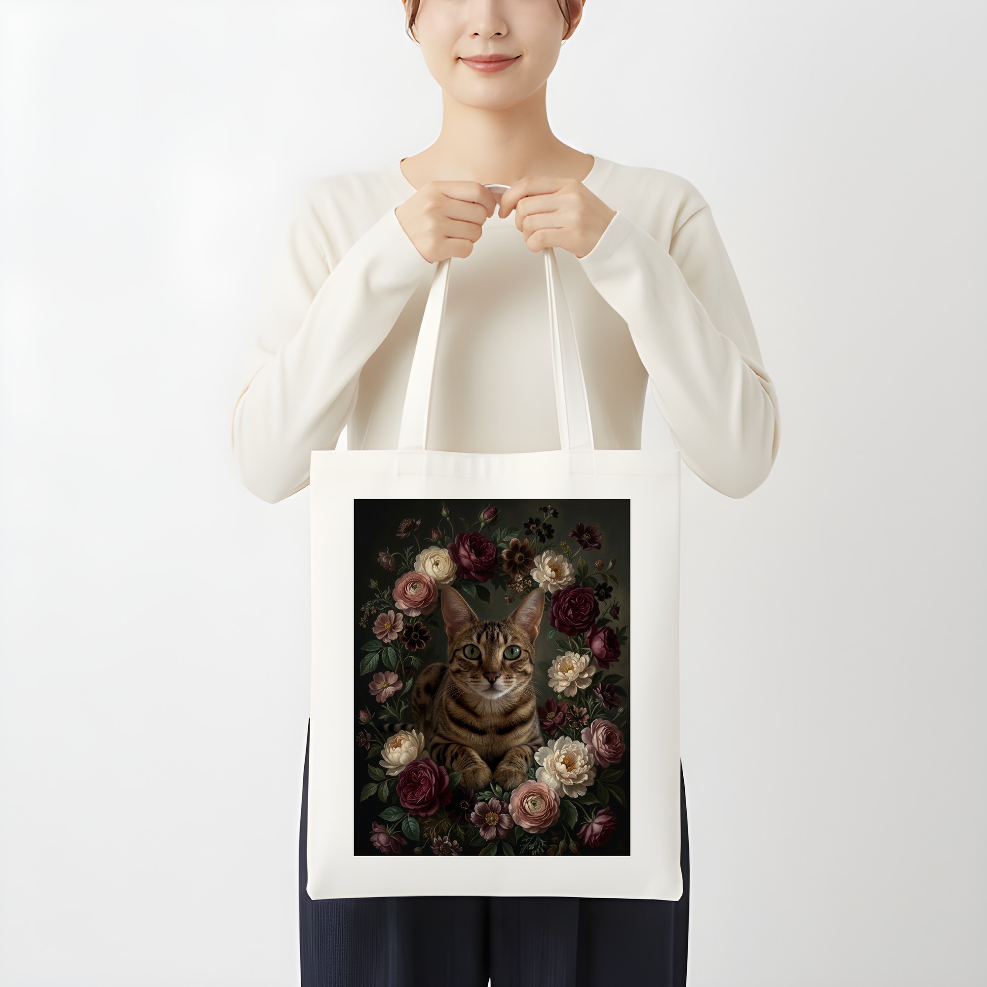 オシキャットの花の油絵風アート花柄トートバッグ(3枚目)