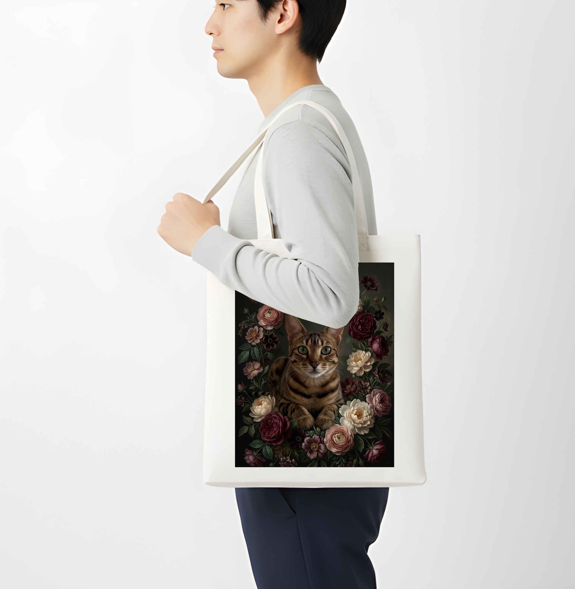 オシキャットの花の油絵風アート花柄トートバッグ(4枚目)