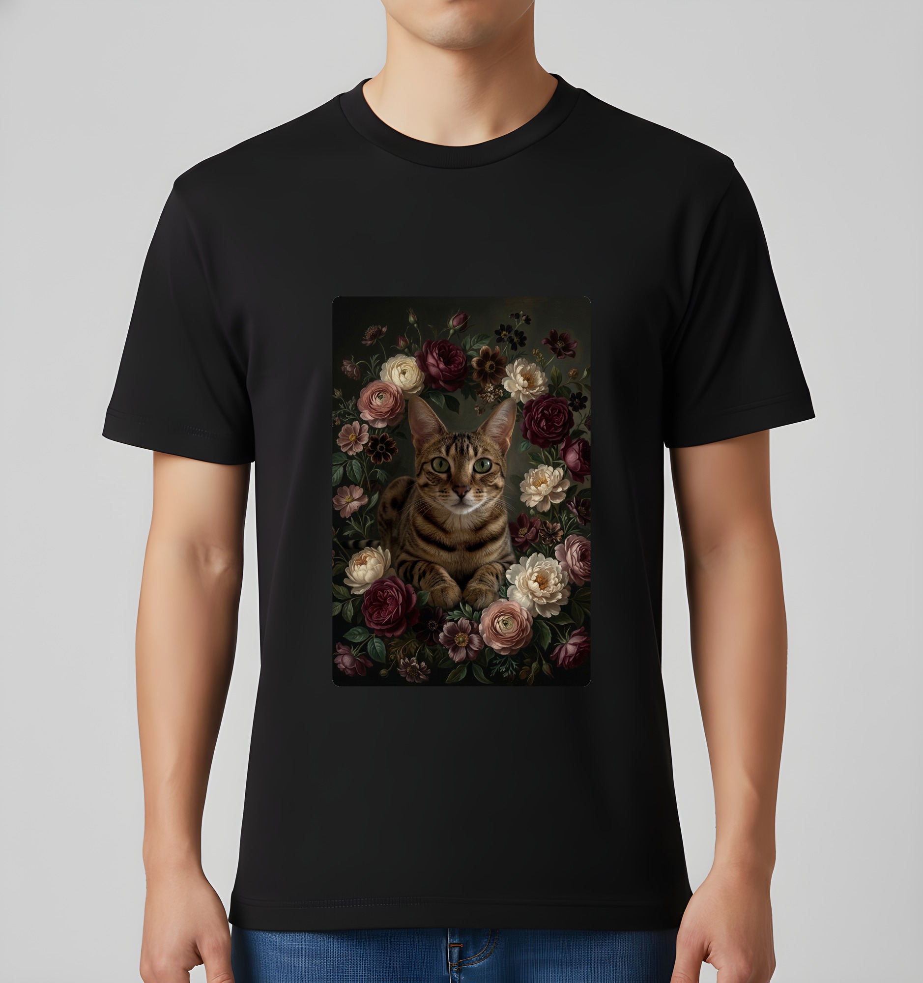 オシキャットの花の油絵風アート花柄Tシャツ(ブラック)(3枚目)
